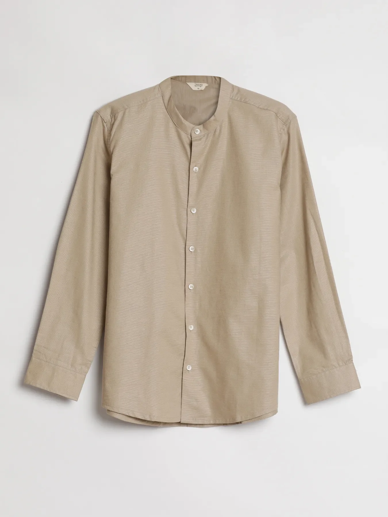 Men Taupe Linen Blend Mandarin Collar Shirt - Image 14