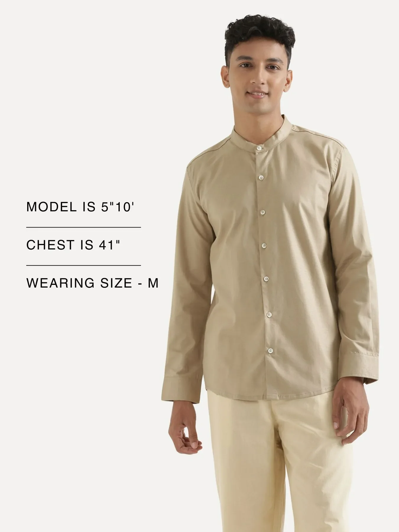 Men Taupe Linen Blend Mandarin Collar Shirt - Image 15