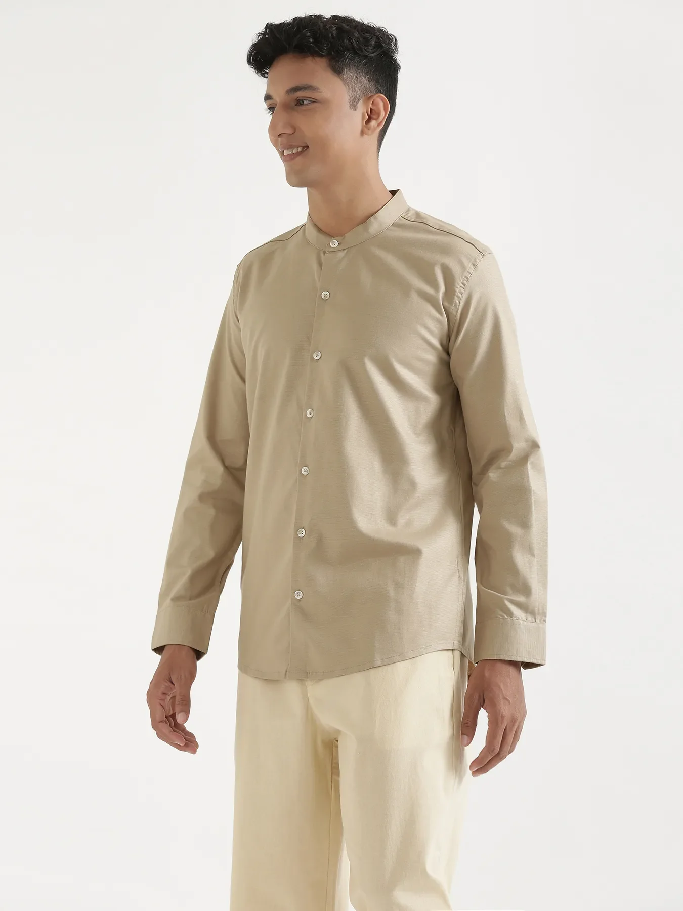 Men Taupe Linen Blend Mandarin Collar Shirt - Image 4