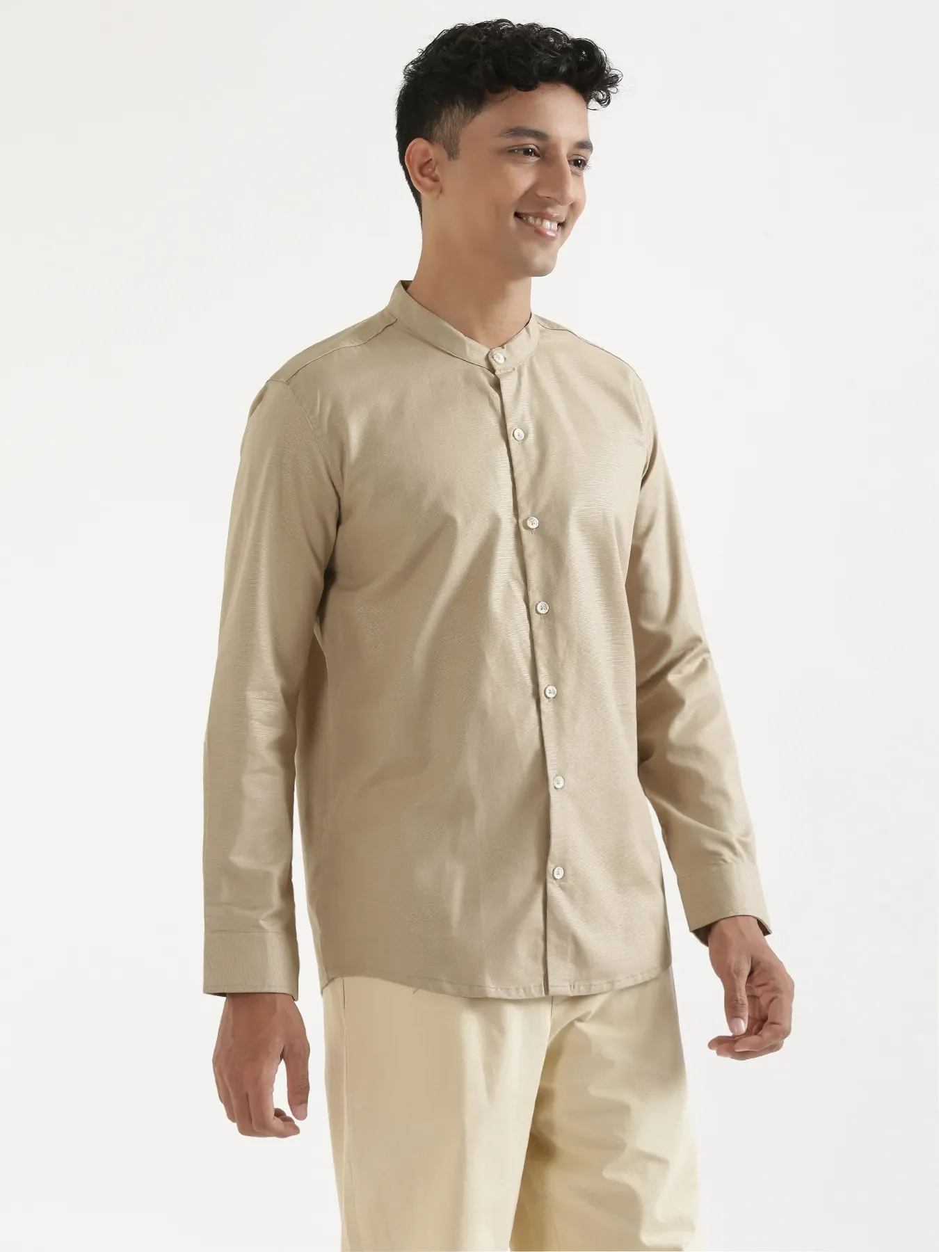 Men Taupe Linen Blend Mandarin Collar Shirt & Beige Cotton Pant Set - Image 11