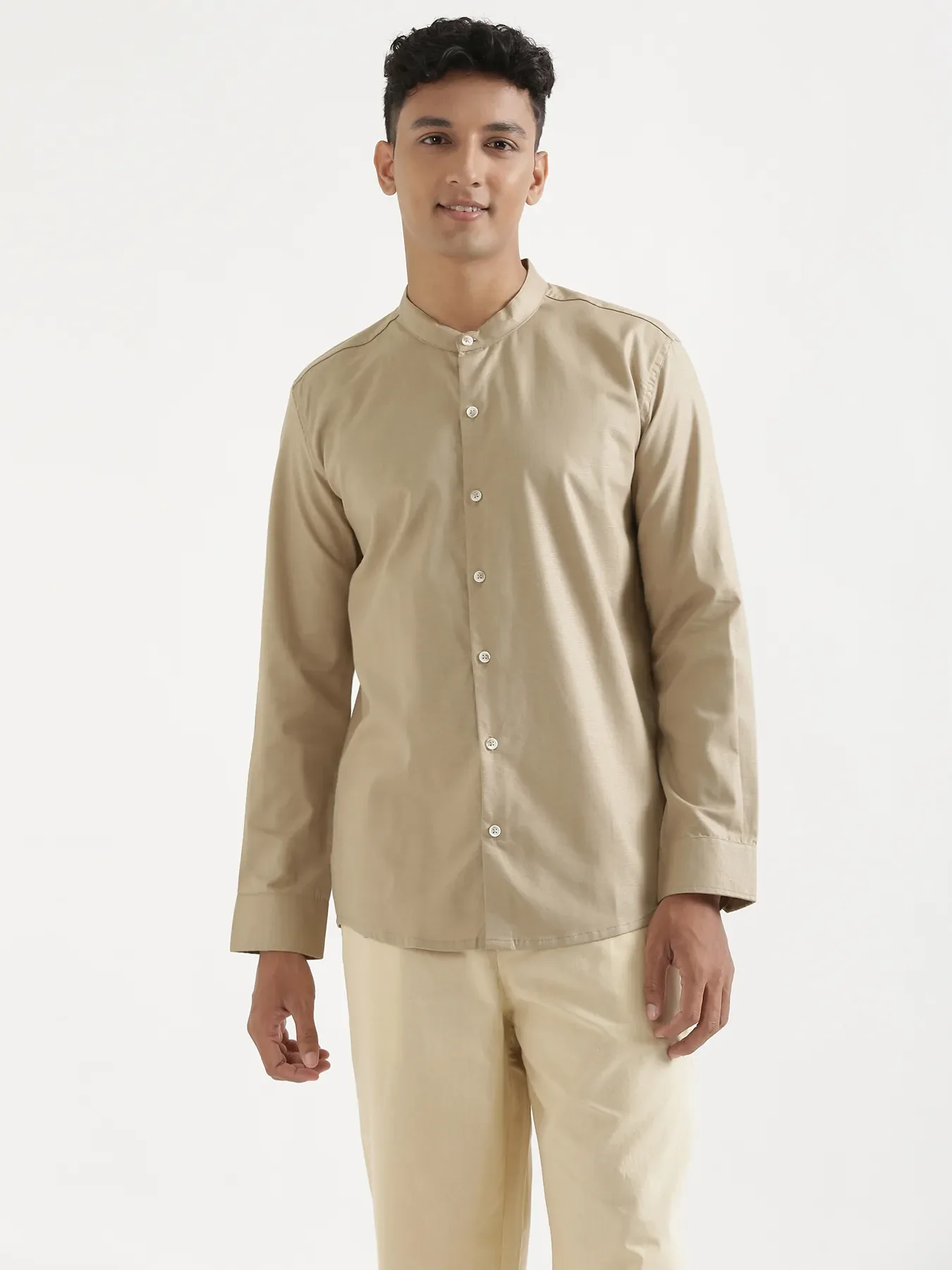 Men Taupe Linen Blend Mandarin Collar Shirt & Beige Cotton Pant Set - Image 3