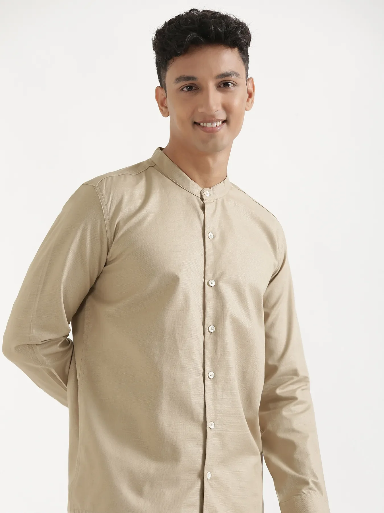 Men Taupe Linen Blend Mandarin Collar Shirt & Beige Cotton Pant Set - Image 4