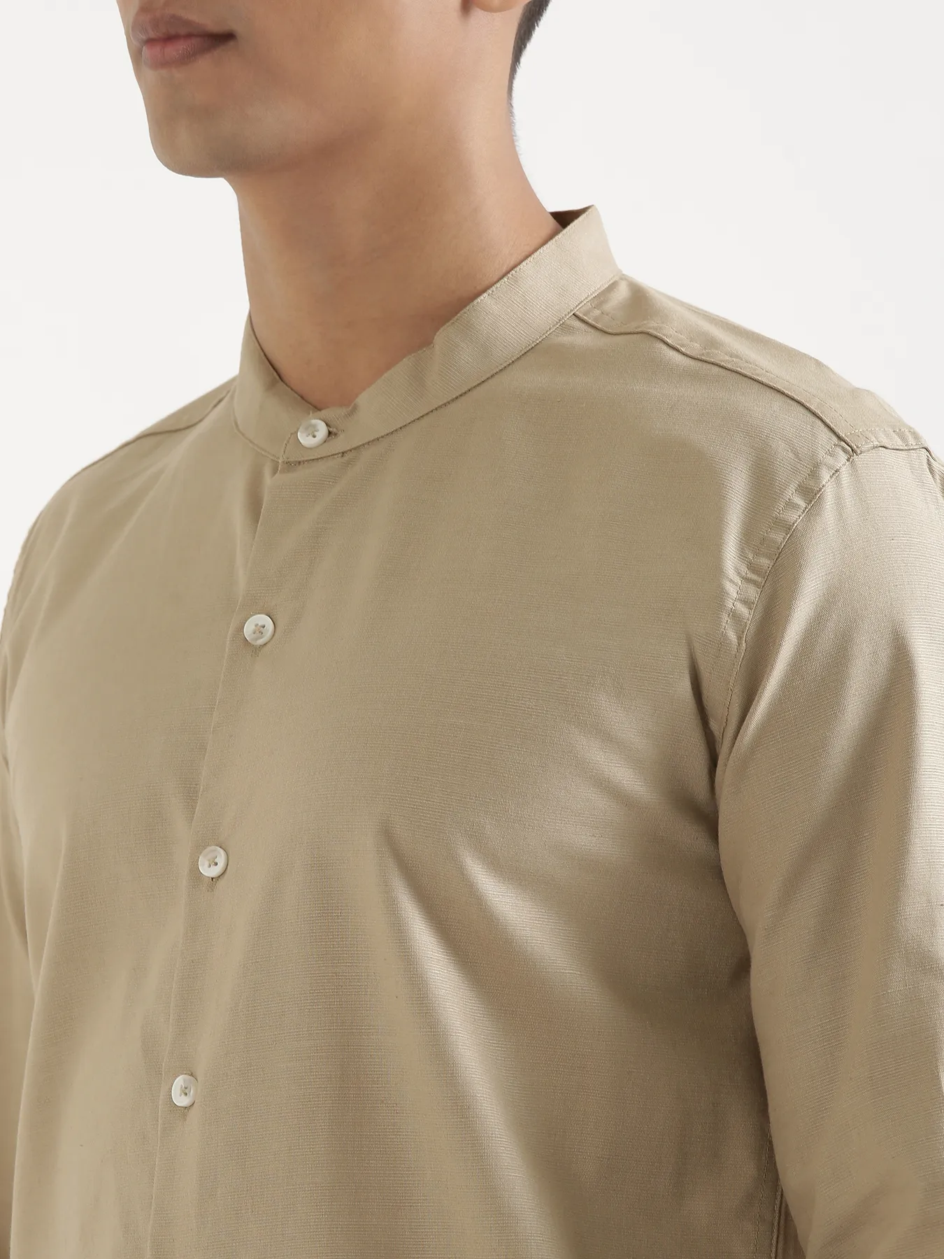 Men Taupe Linen Blend Mandarin Collar Shirt & Beige Cotton Pant Set - Image 5
