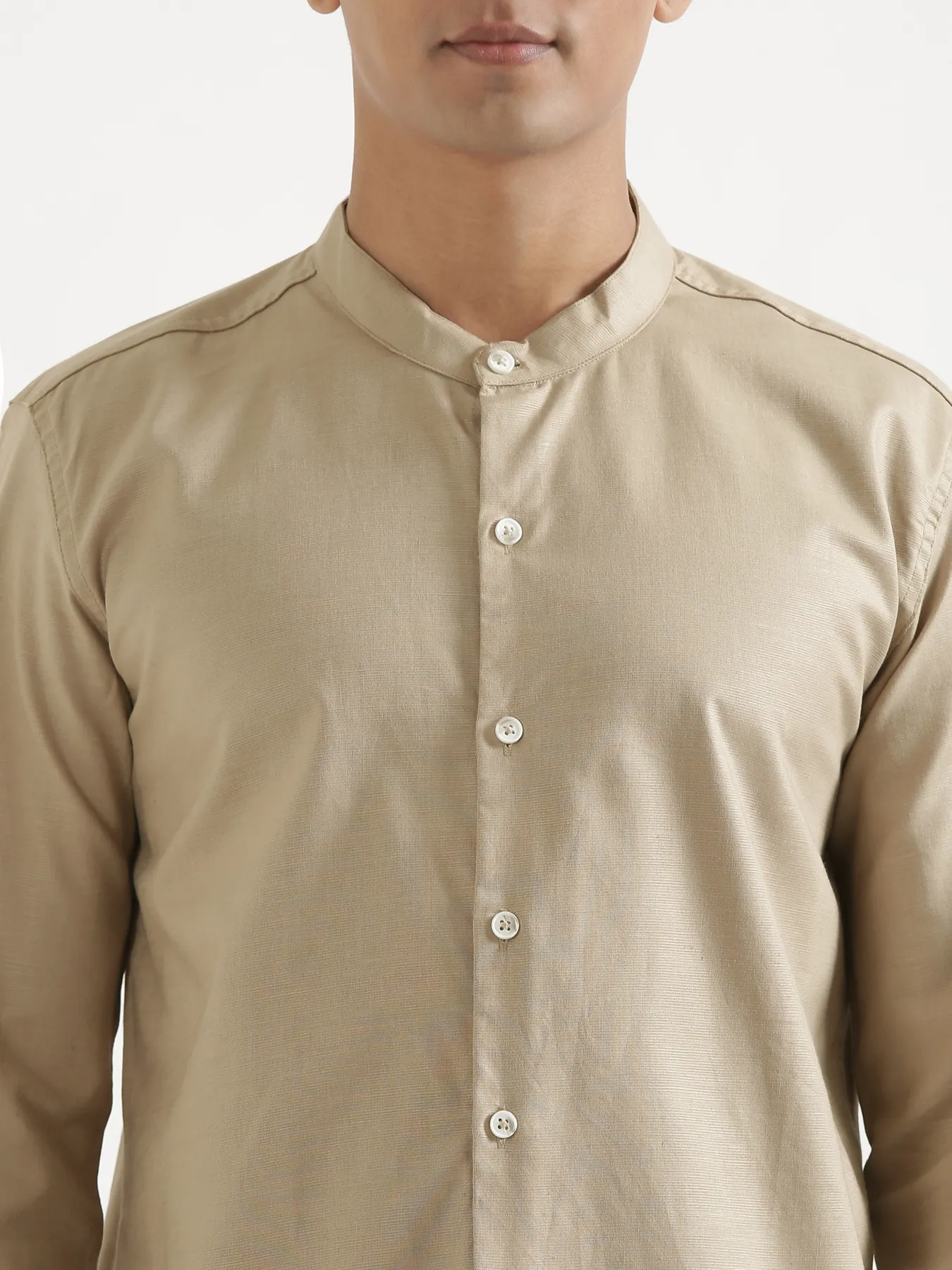 Men Taupe Linen Blend Mandarin Collar Shirt & Beige Cotton Pant Set - Image 6