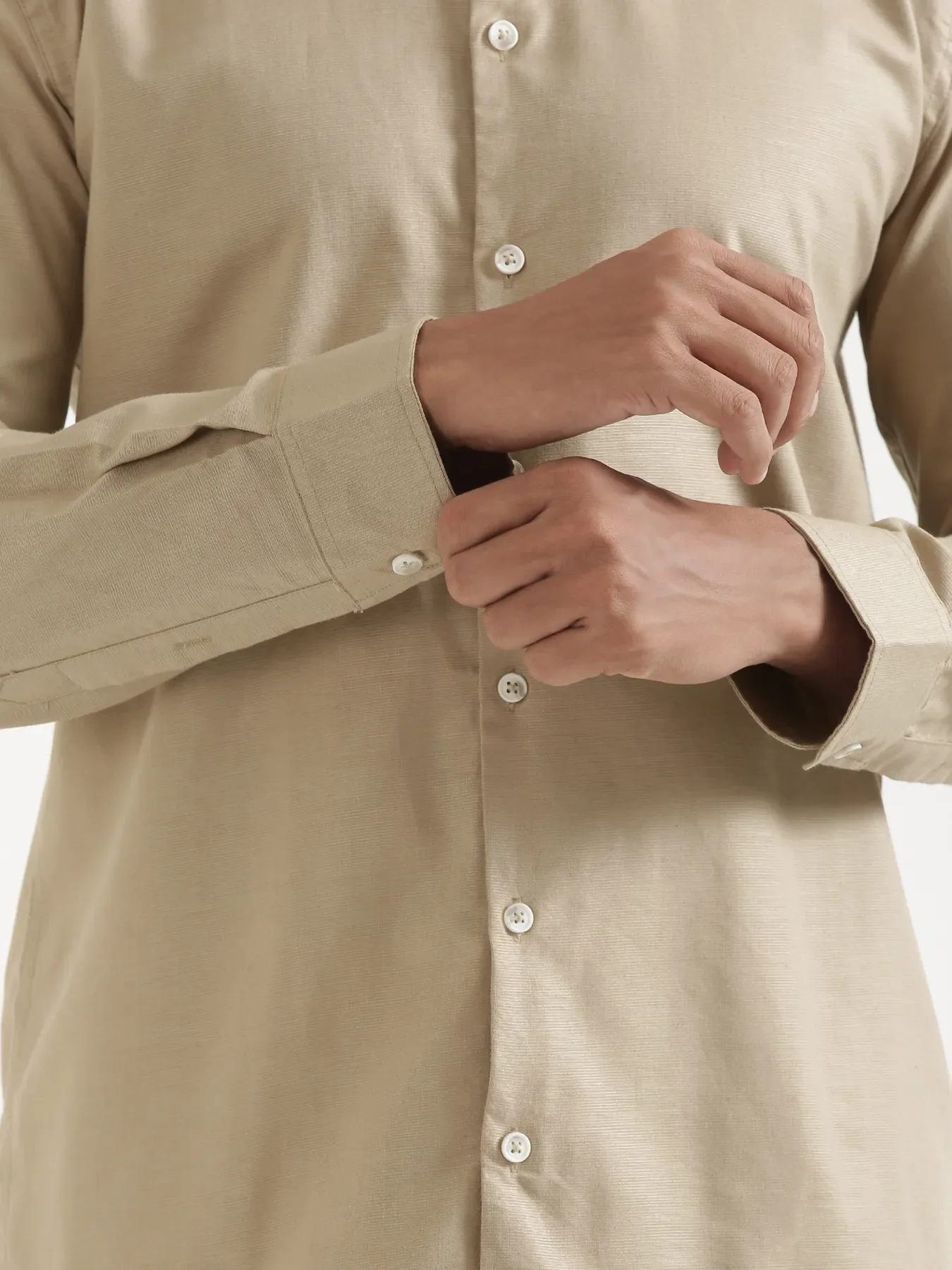 Men Taupe Linen Blend Mandarin Collar Shirt & Beige Cotton Pant Set - Image 7