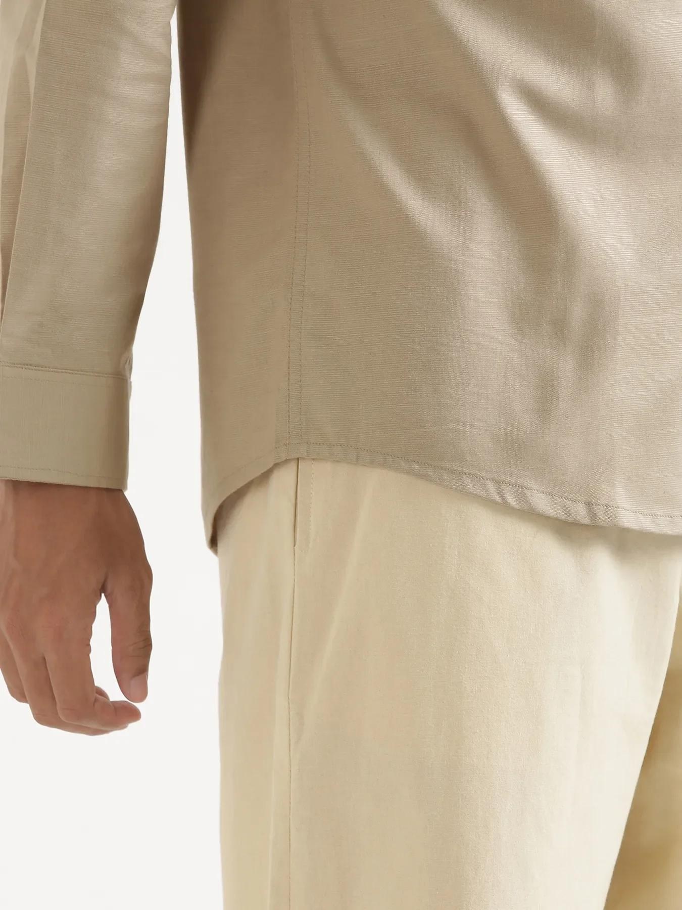 Men Taupe Linen Blend Mandarin Collar Shirt & Beige Cotton Pant Set - Image 8
