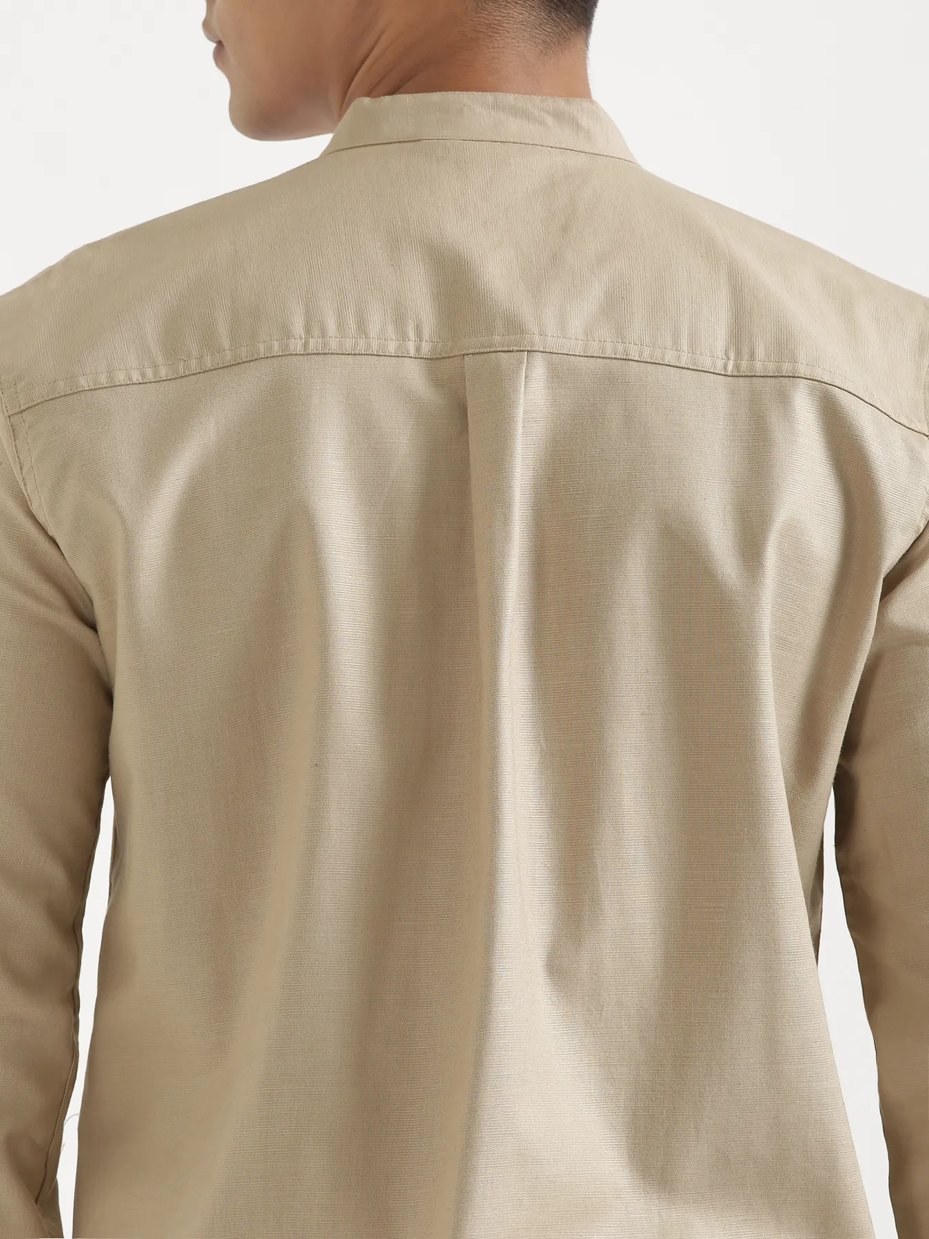 Men Taupe Linen Blend Mandarin Collar Shirt & Beige Cotton Pant Set - Image 9