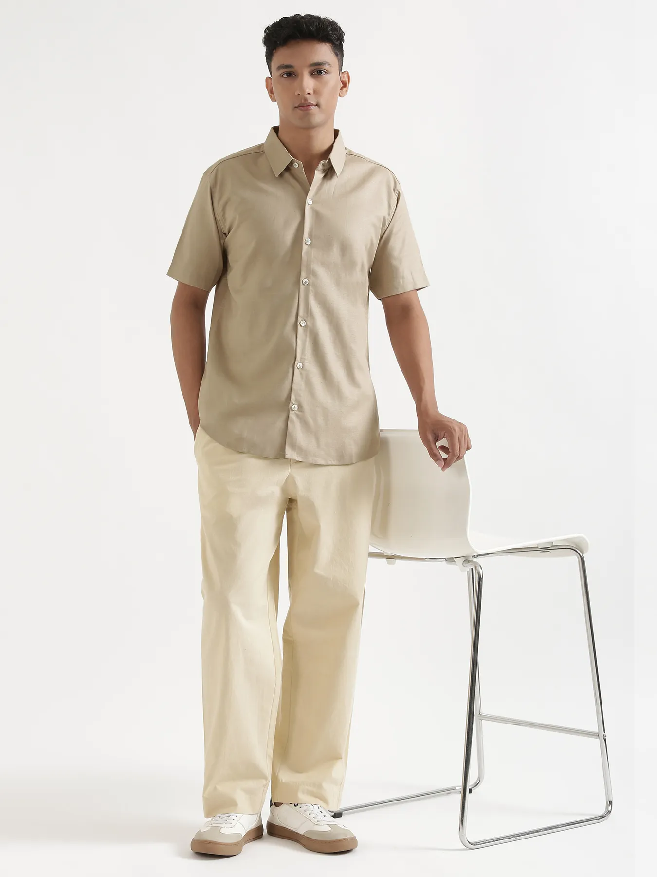 Men Taupe Linen Blend Short Sleeve Shirt & Beige Cotton Pant Set - Image 10
