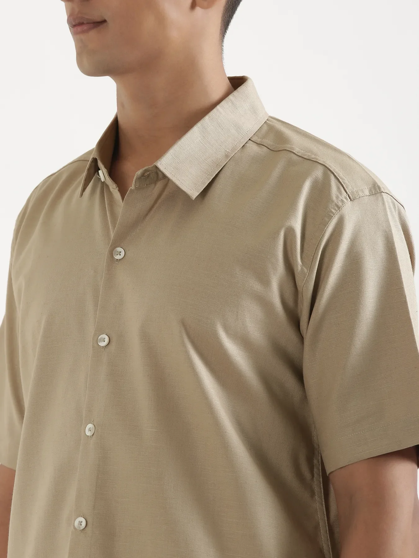 Men Taupe Linen Blend Short Sleeve Shirt & Beige Cotton Pant Set - Image 11