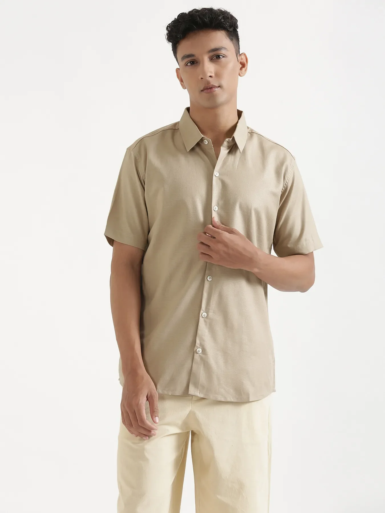 Men Taupe Linen Blend Short Sleeve Shirt & Beige Cotton Pant Set - Image 3