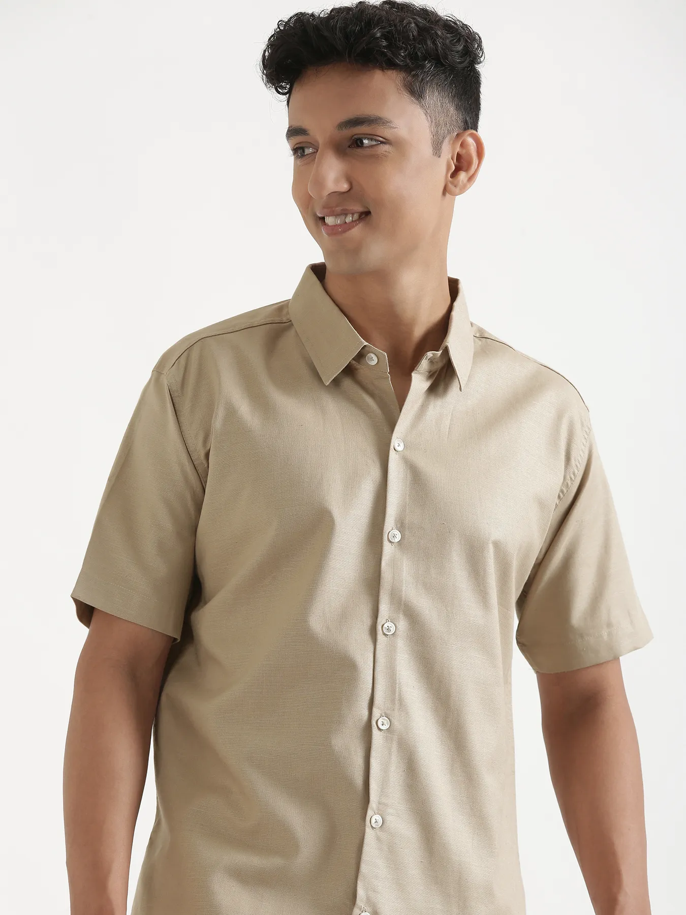 Men Taupe Linen Blend Short Sleeve Shirt & Beige Cotton Pant Set - Image 4