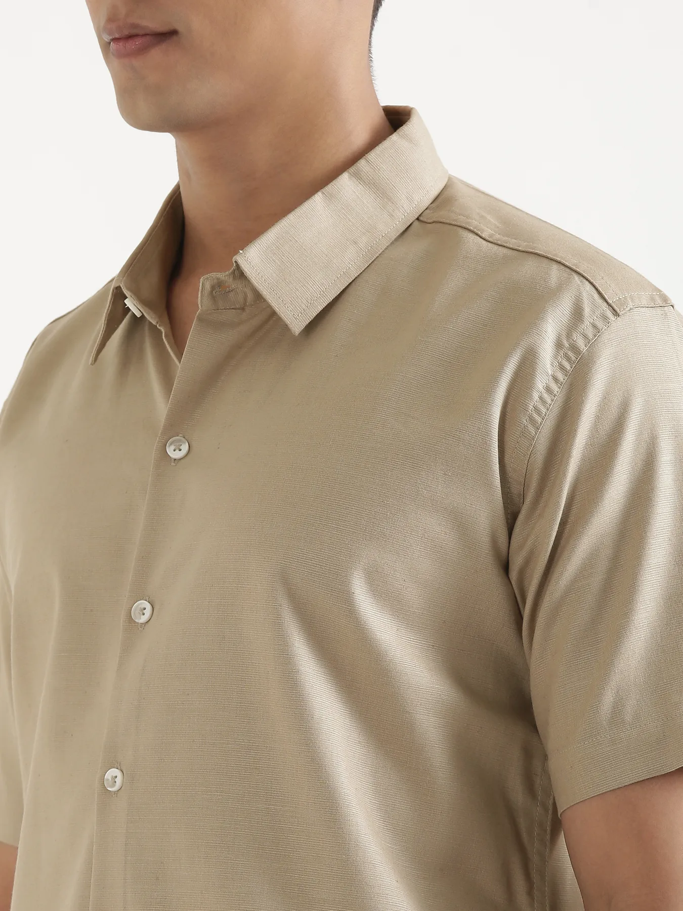 Men Taupe Linen Blend Short Sleeve Shirt & Beige Cotton Pant Set - Image 5