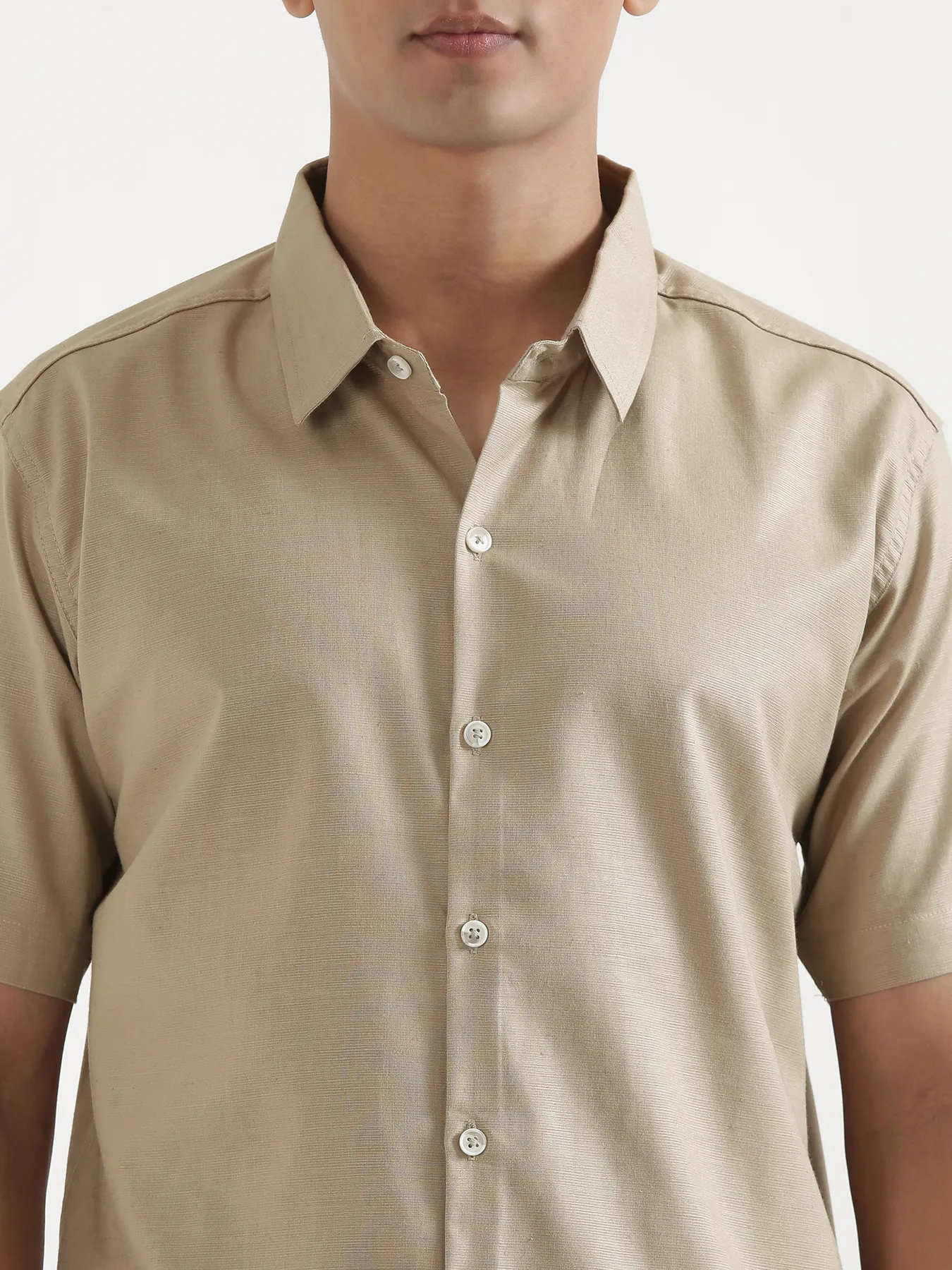 Men Taupe Linen Blend Short Sleeve Shirt & Beige Cotton Pant Set - Image 6