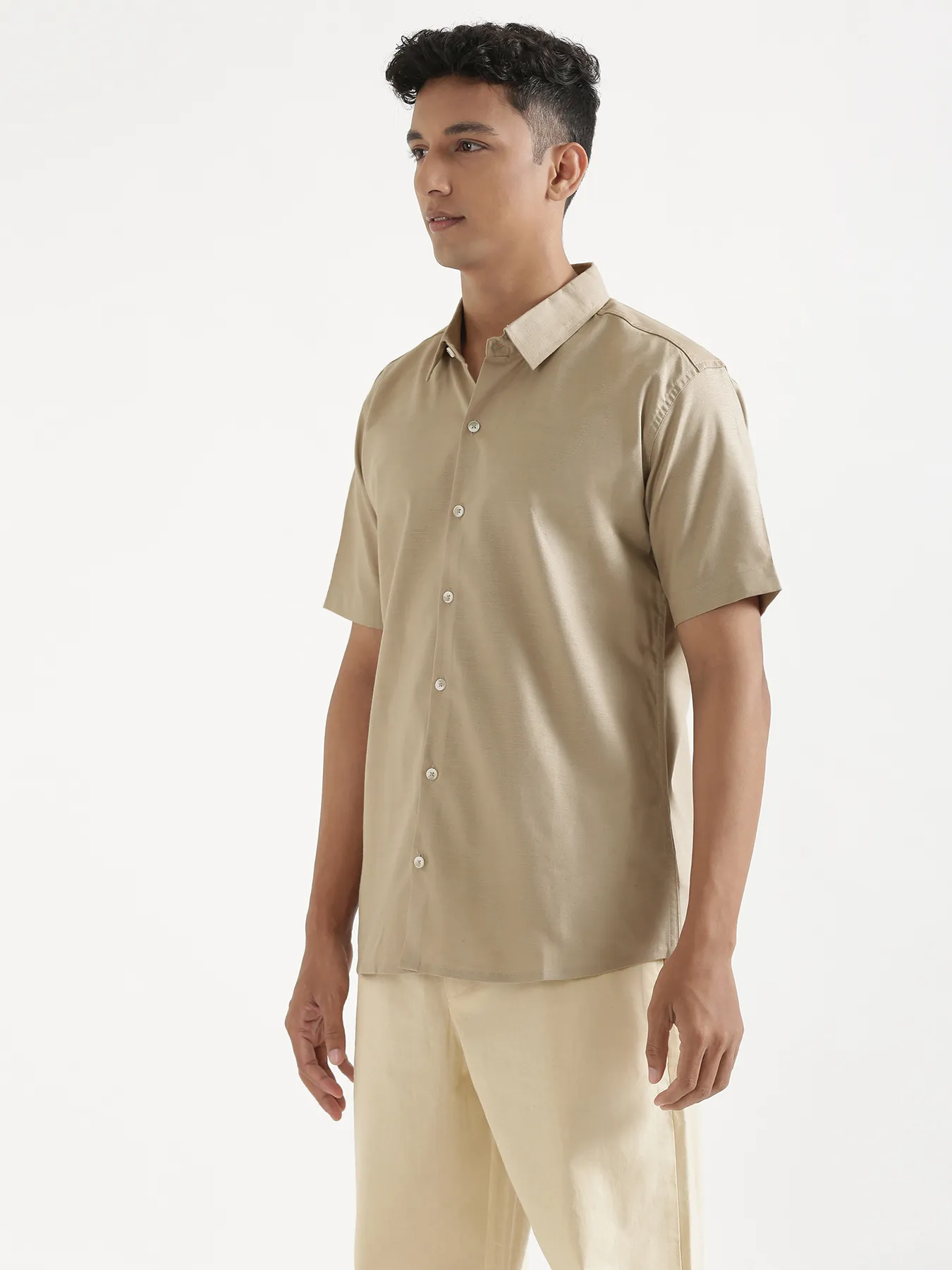 Men Taupe Linen Blend Short Sleeve Shirt & Beige Cotton Pant Set - Image 8