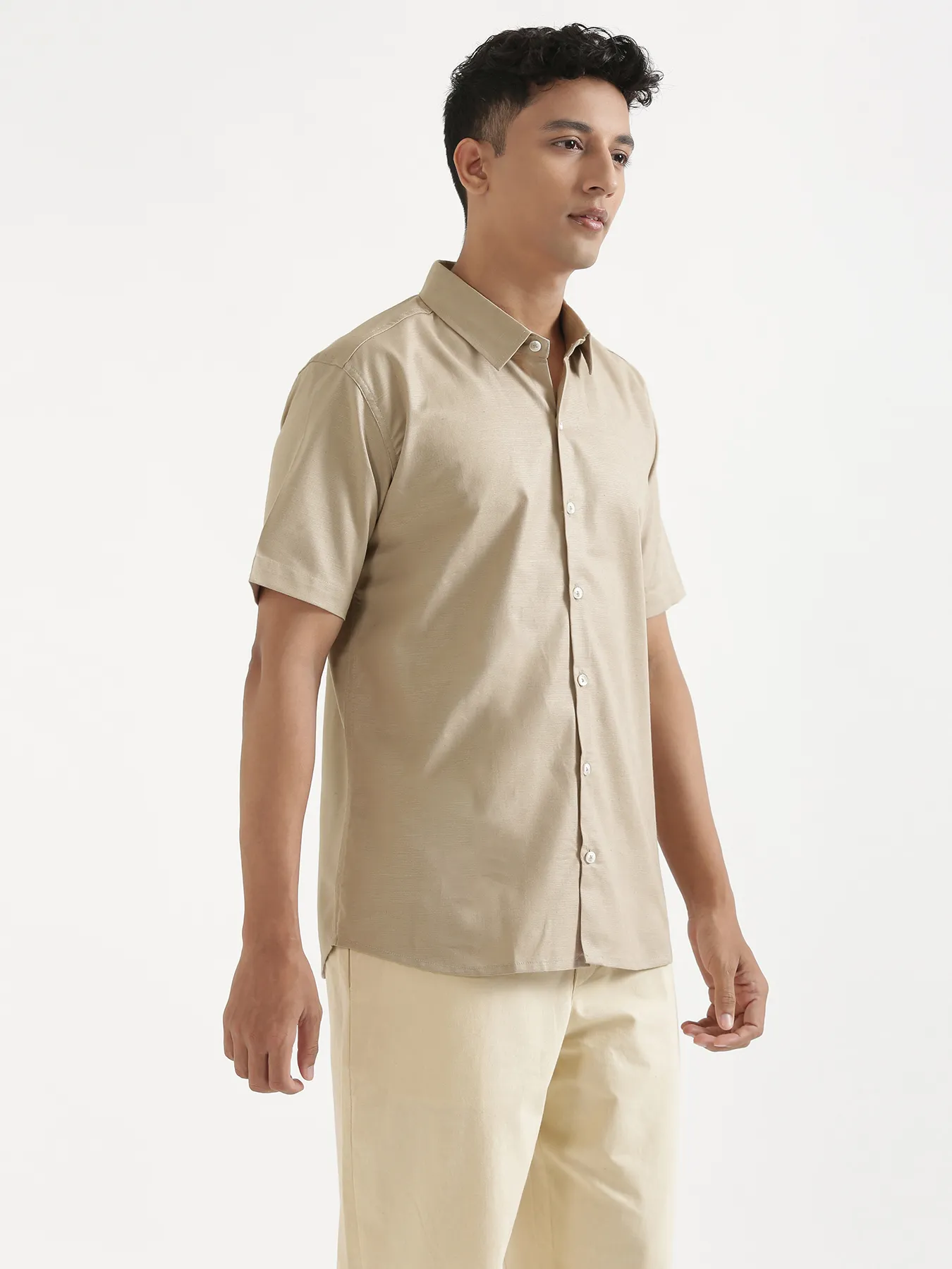 Men Taupe Linen Blend Short Sleeve Shirt & Beige Cotton Pant Set - Image 9