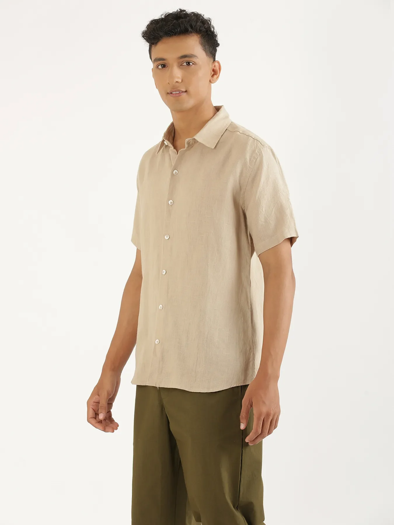 Men Taupe Pure Linen Short Sleeve Shirt - Image 6