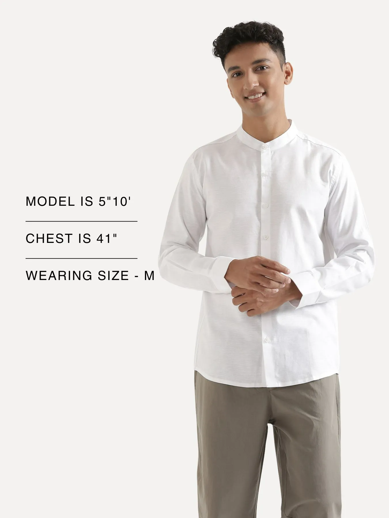 Men White Linen Blend Mandarin Collar Shirt - Image 13