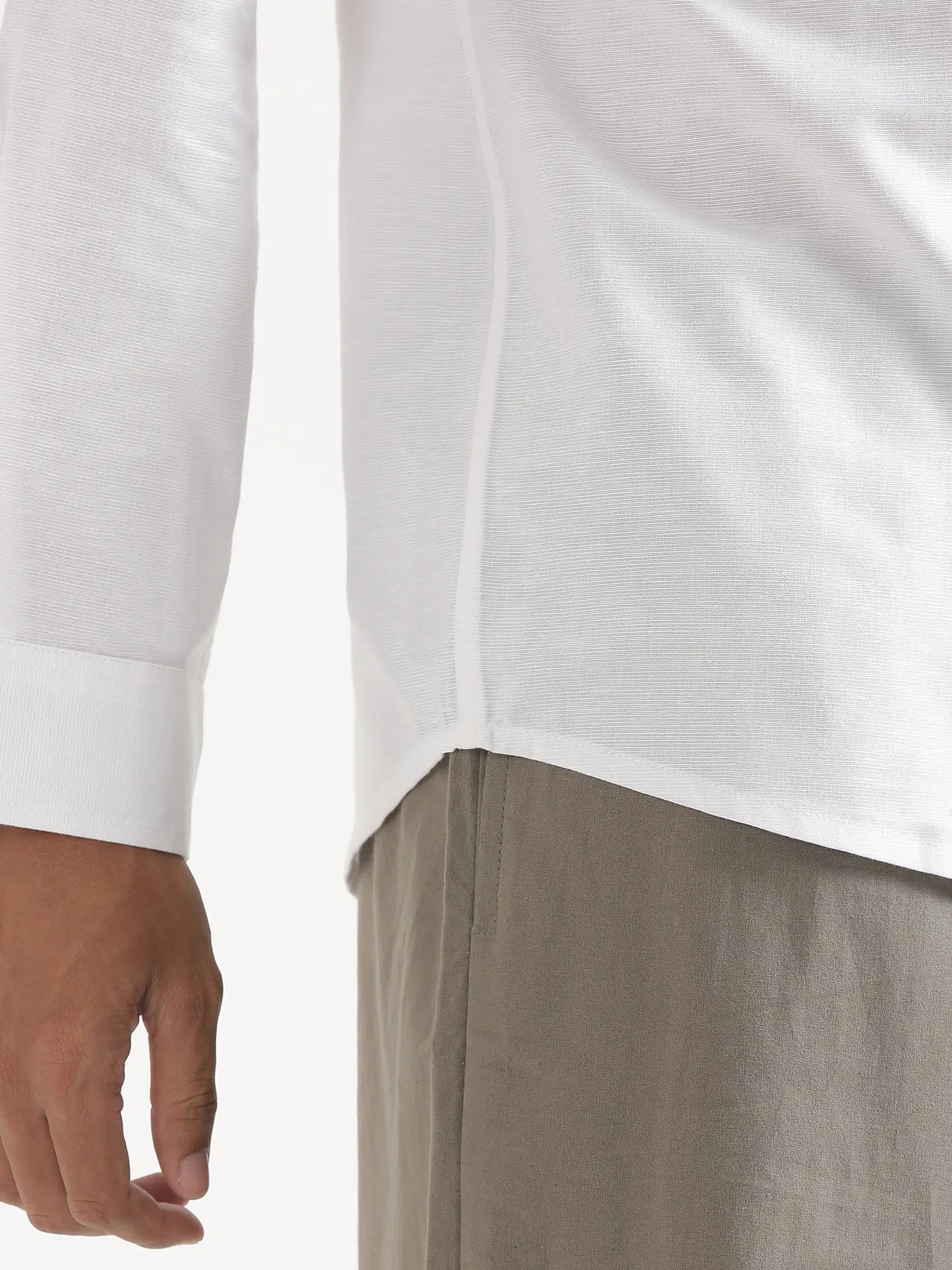 Men White Linen Blend Mandarin Collar Shirt - Image 8