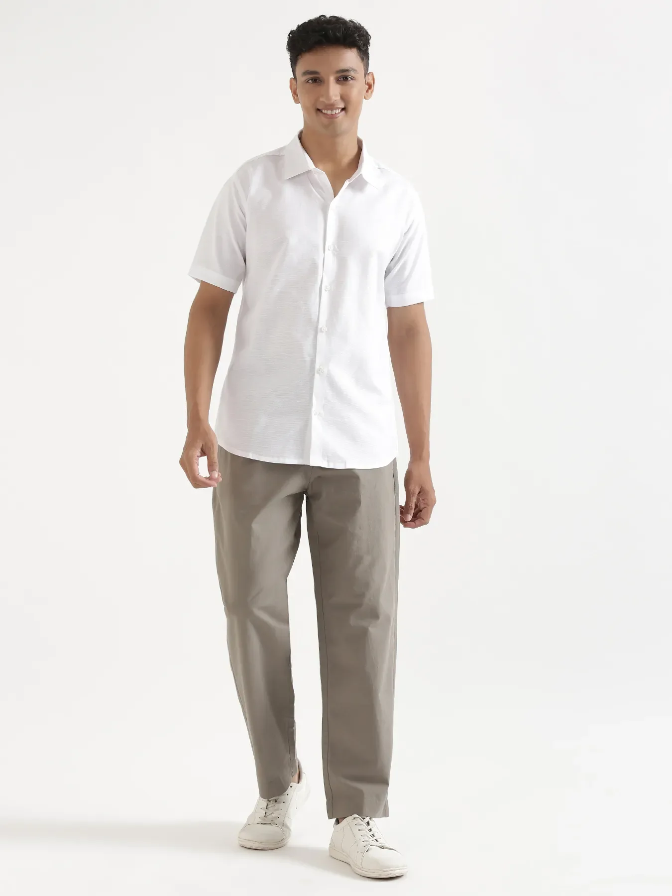 Men White Linen Blend Short Sleeve Shirt - Image 3