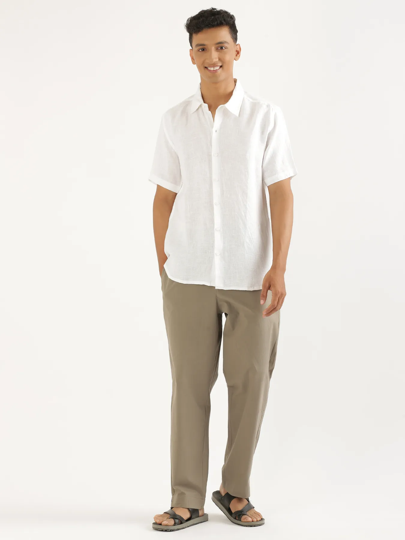 Men White Pure Linen Short Sleeve Shirt - Image 3