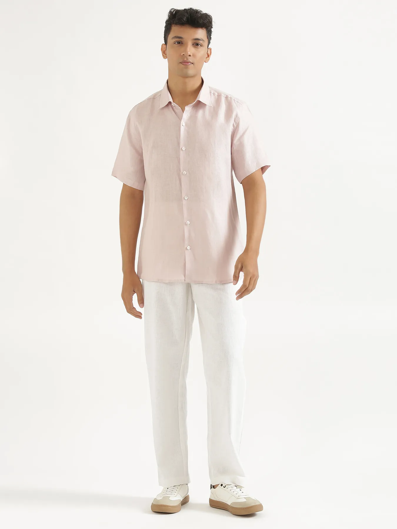 Men White Linen Blend Pant & Light Pink Pure Linen Short Sleeve Shirt - Image 4
