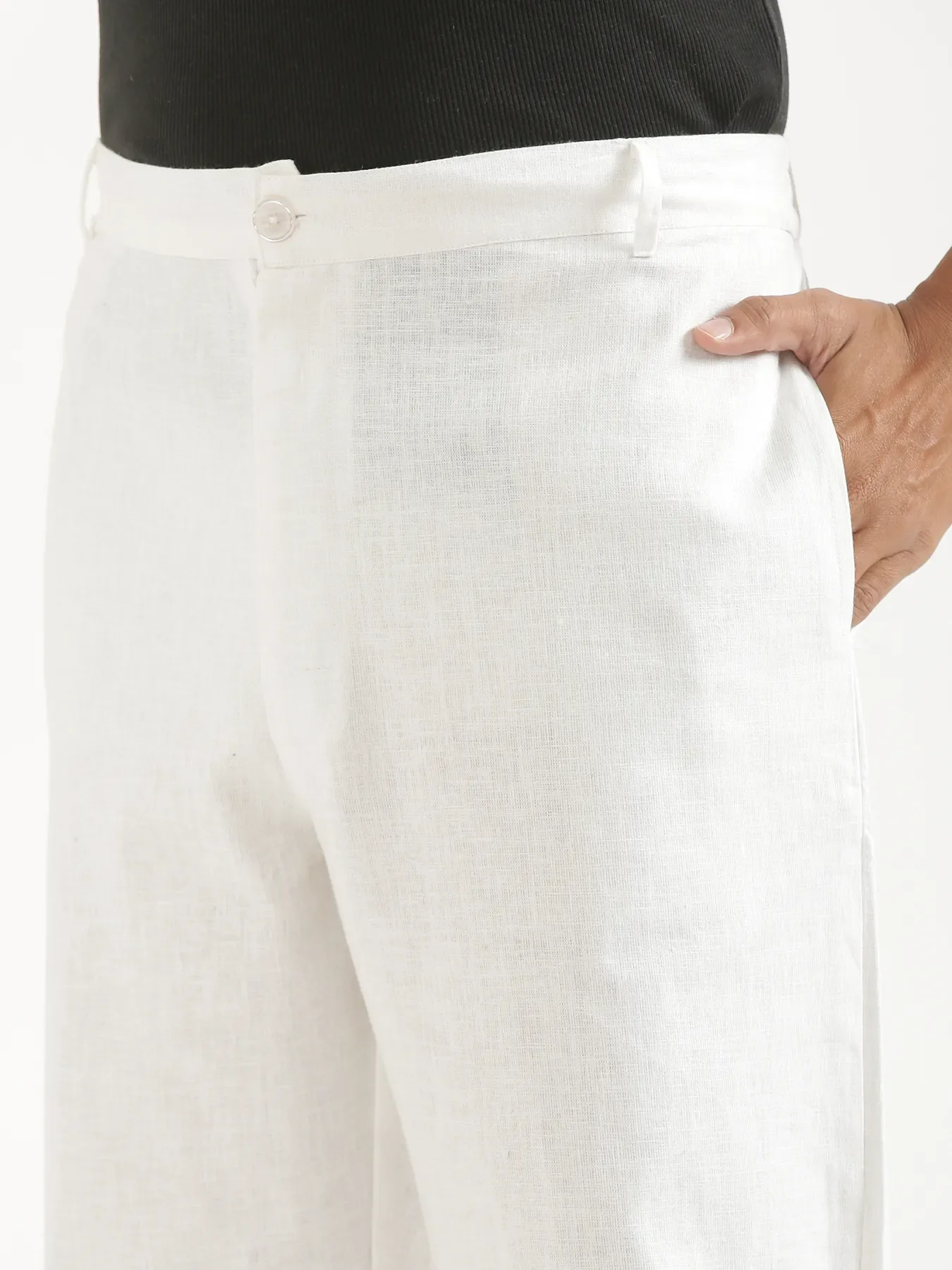 Men White Linen Blend Straight Pant - Image 6