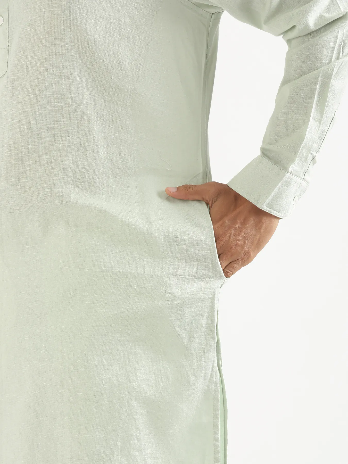 Men Mint Green Airy Linen Long Kurta - Image 11