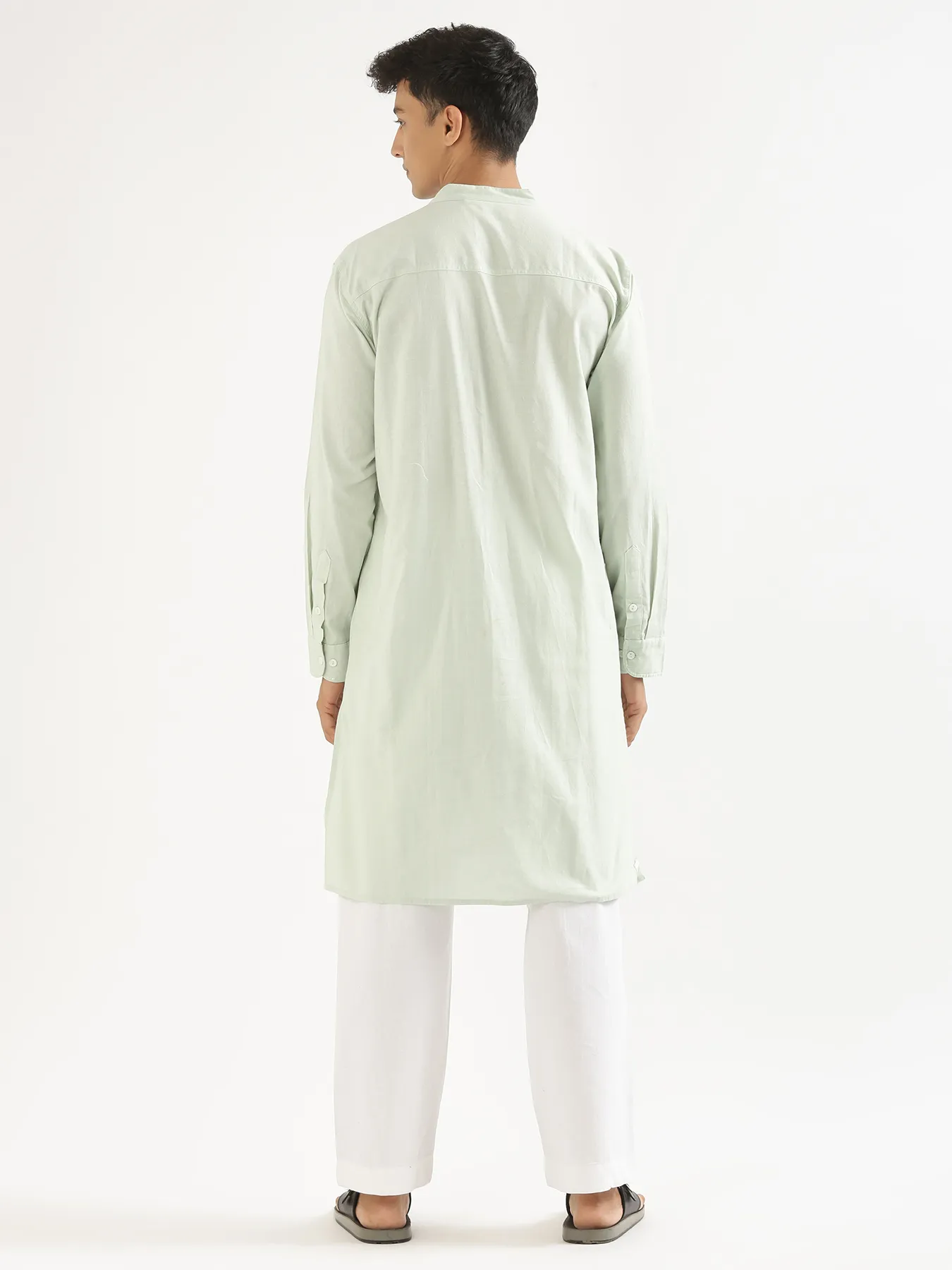 Men Mint Green Airy Linen Long Kurta - Image 7