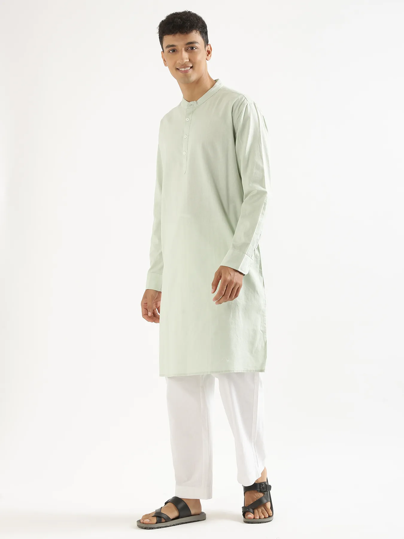 Men Mint Green Airy Linen Long Kurta - Image 8