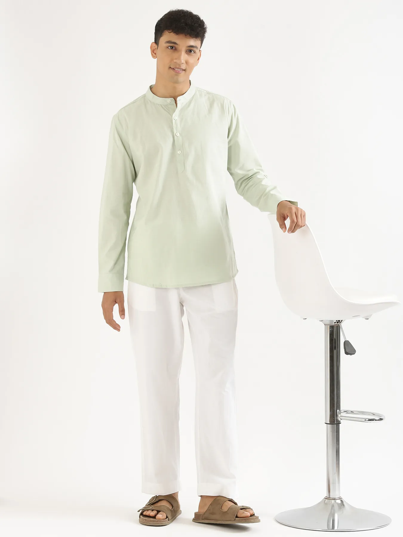 Men Mint Green Airy Linen Short Kurta - Image 10