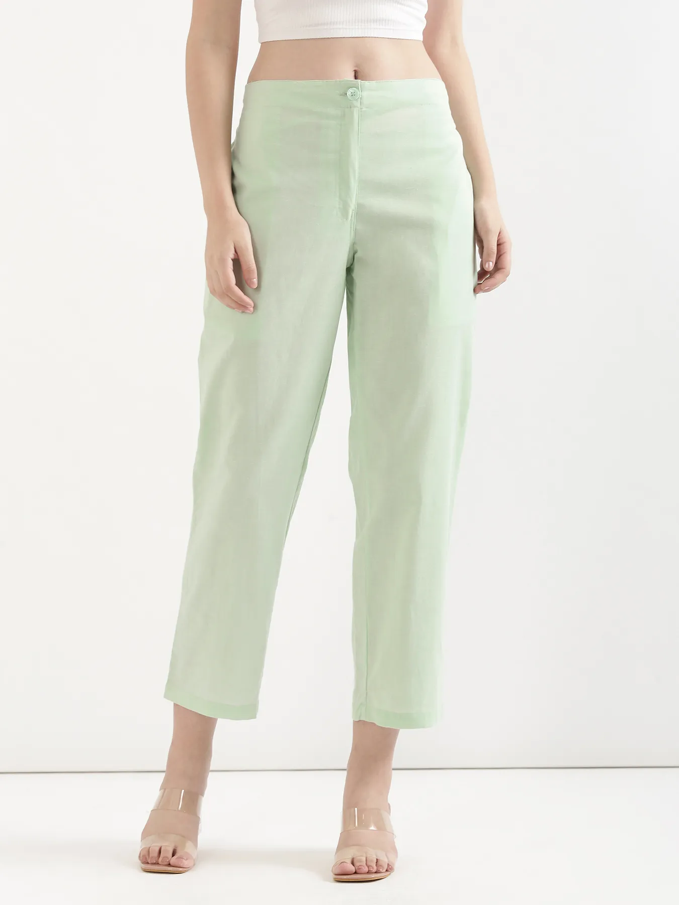 Women Mint Green Airy Linen Straight Pants