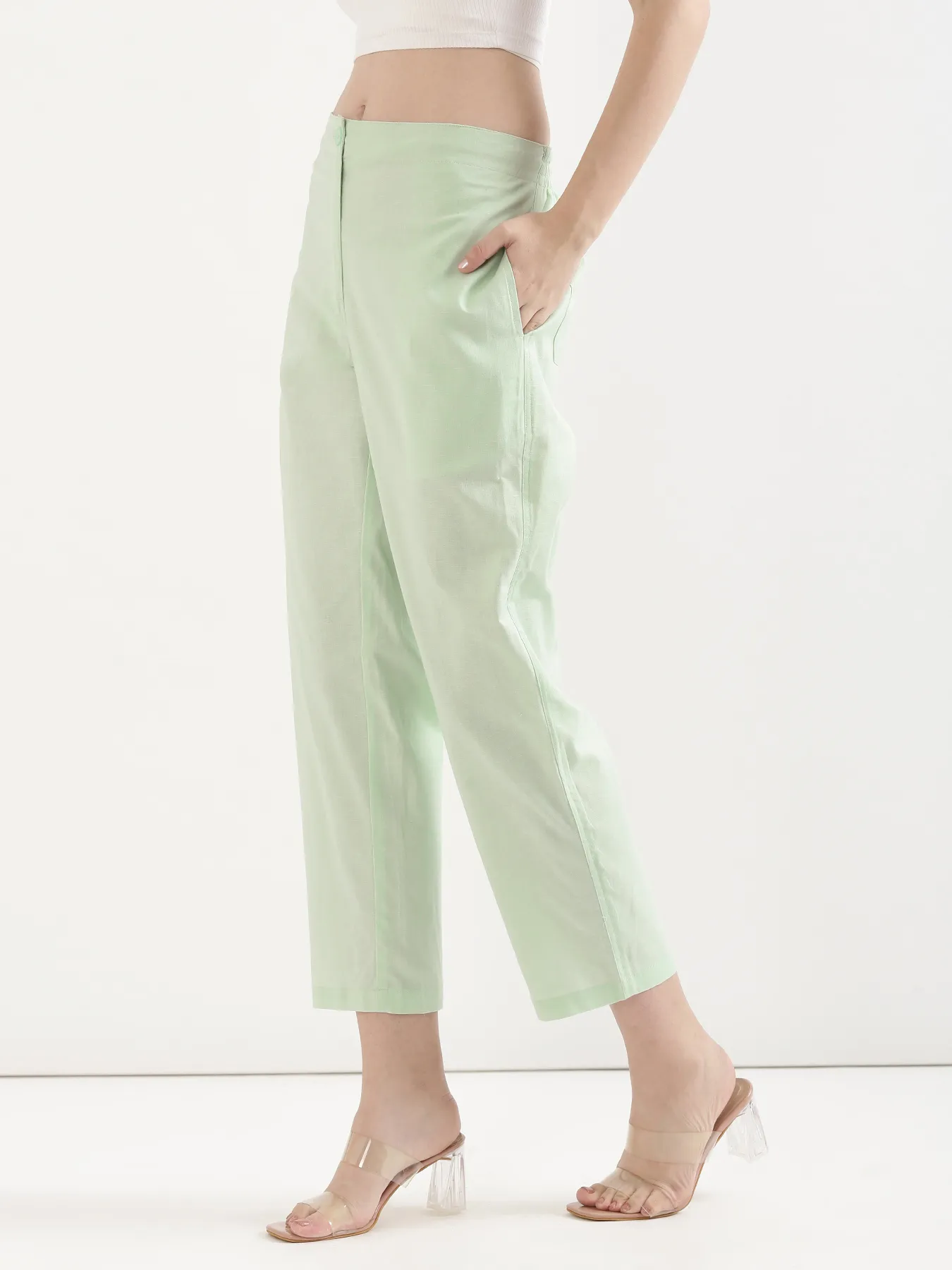 Women Mint Green Airy Linen Straight Pants - Image 4