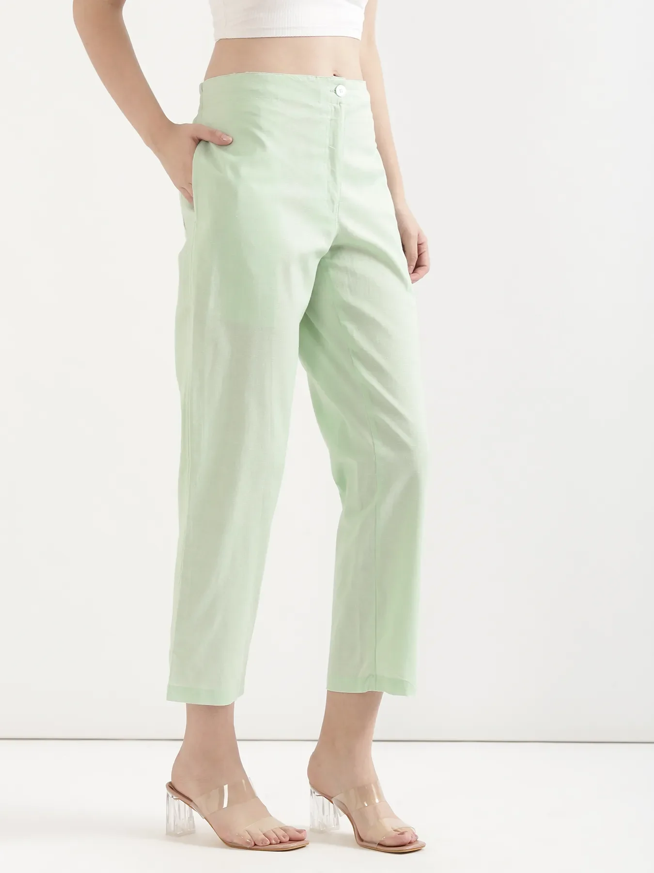 Women Mint Green Airy Linen Straight Pants - Image 5