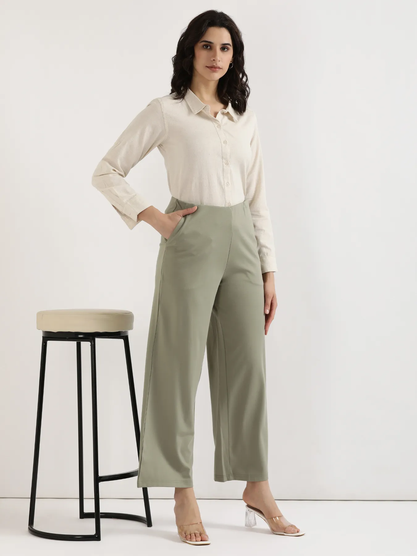 Women Mint Green Wide Leg Pants - Image 11