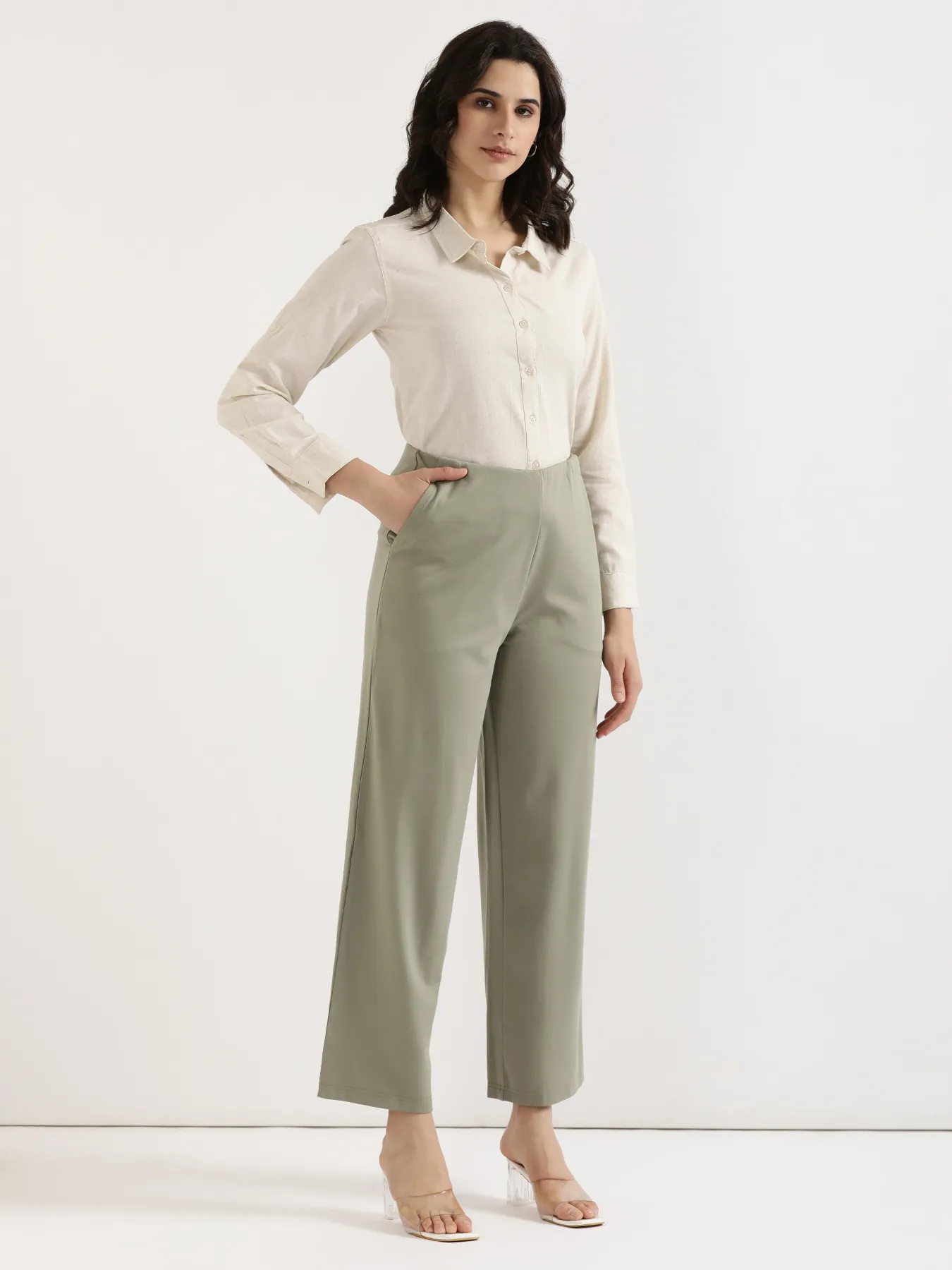 Women Mint Green Wide Leg Pants - Image 3