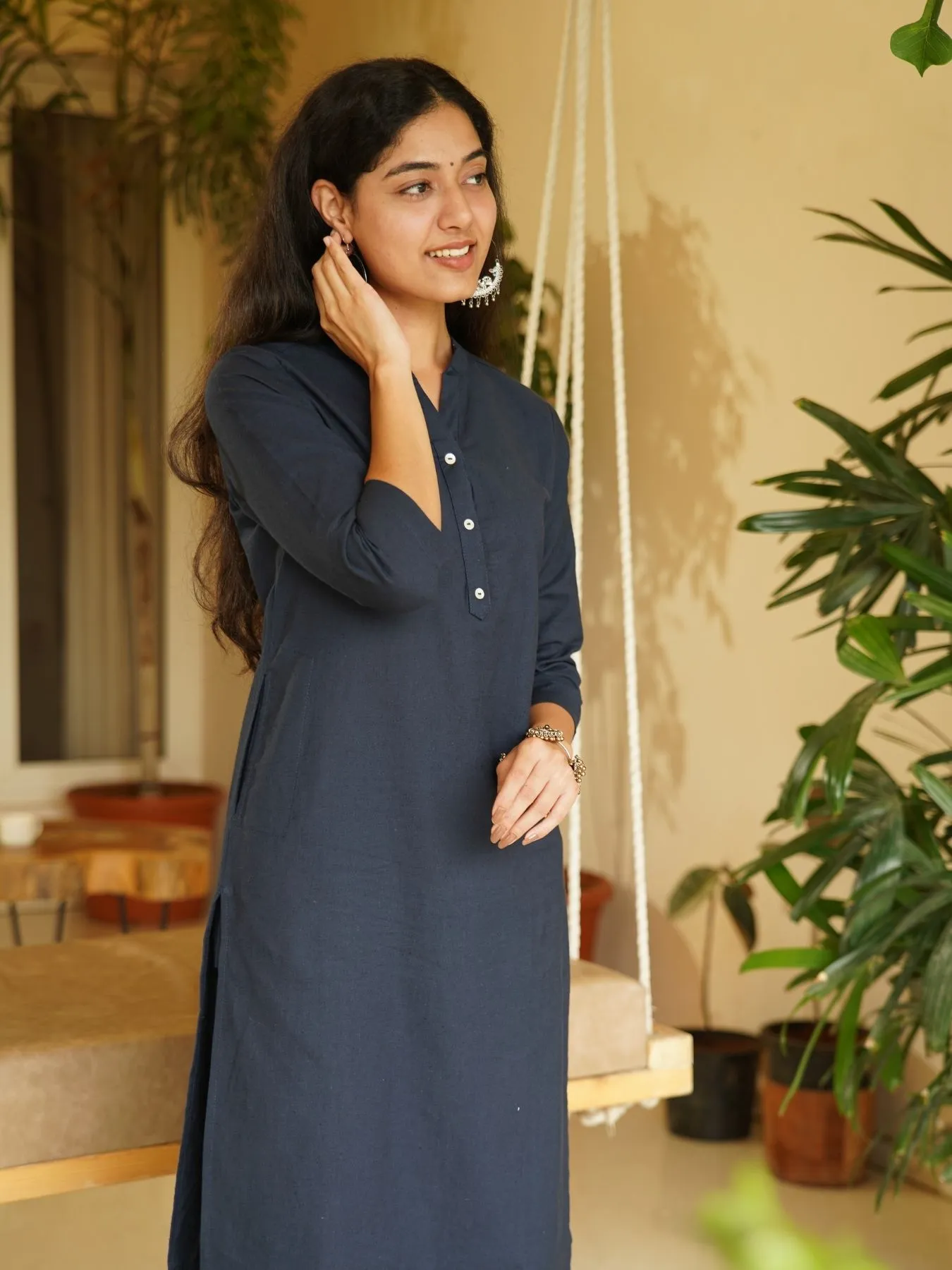 Navy Blue Airy Linen Long Kurta Co-ord Set - Image 5
