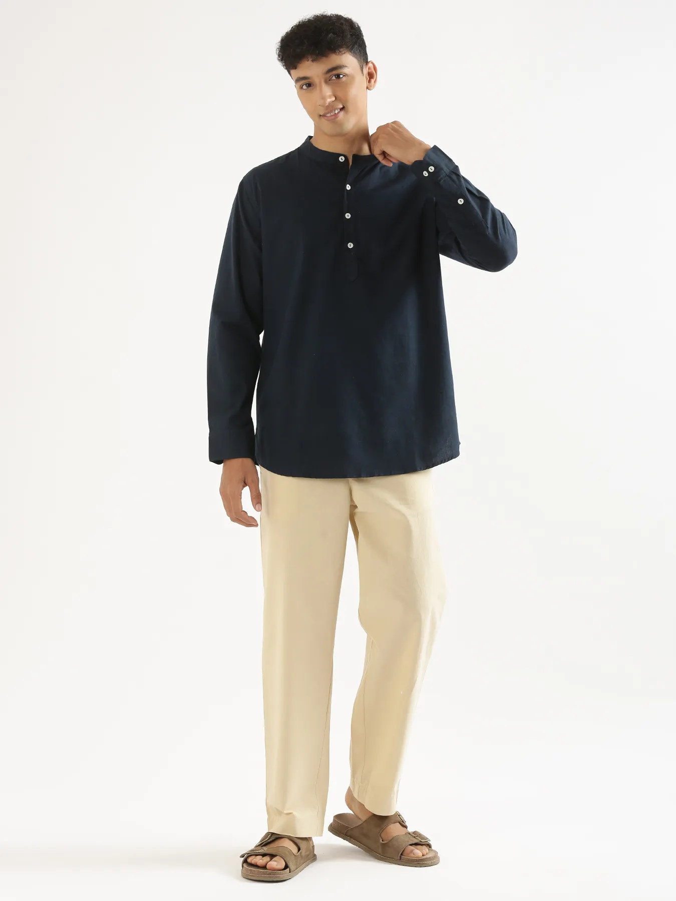 Men Navy Blue Airy Linen Short Kurta - Image 8