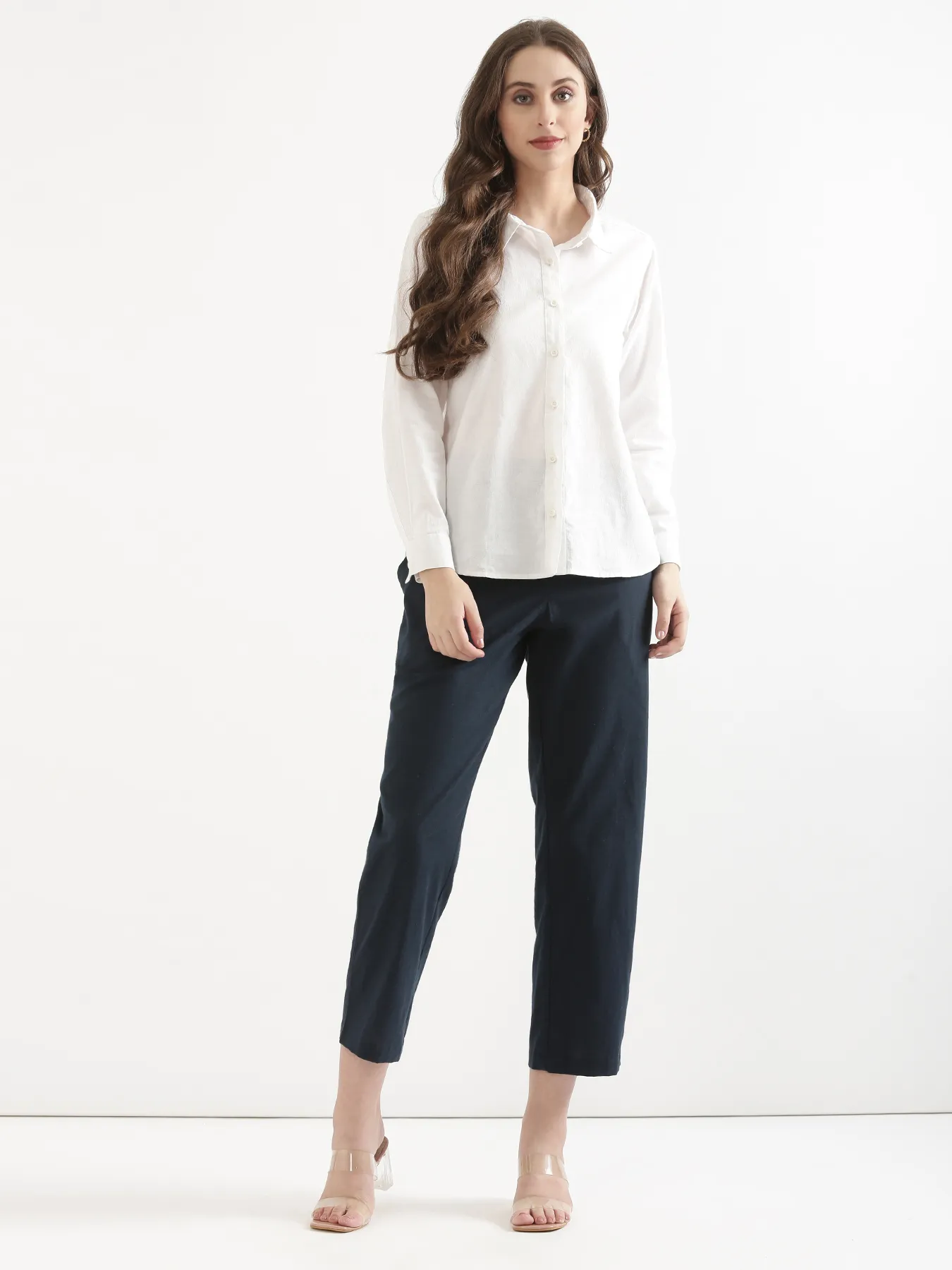 Women Navy Blue Airy Linen Straight Pants - Image 3