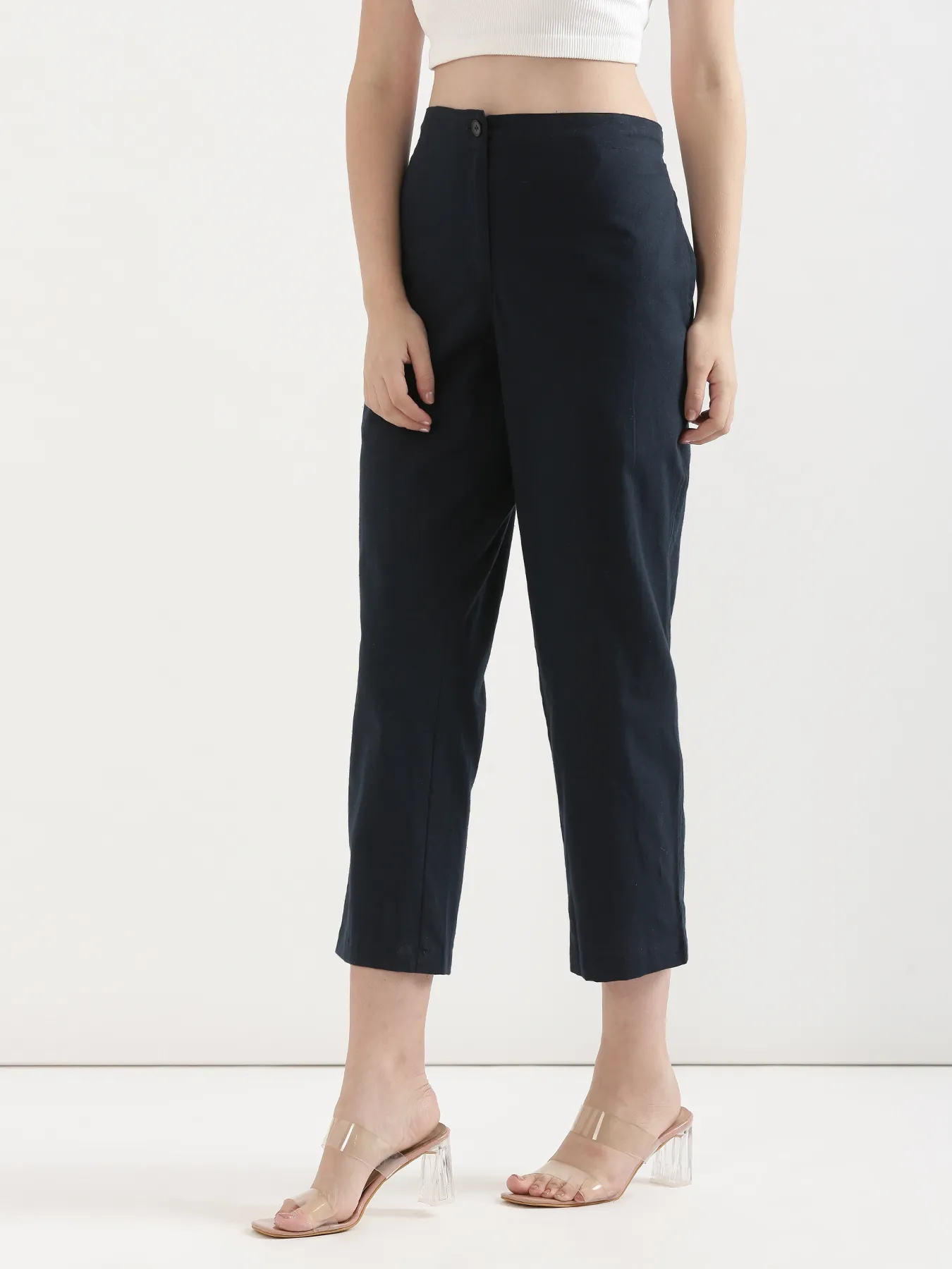 Women Navy Blue Airy Linen Straight Pants - Image 4