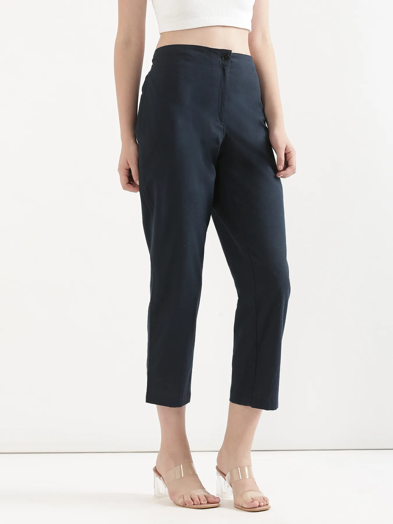 Women Navy Blue Airy Linen Straight Pants - Image 5