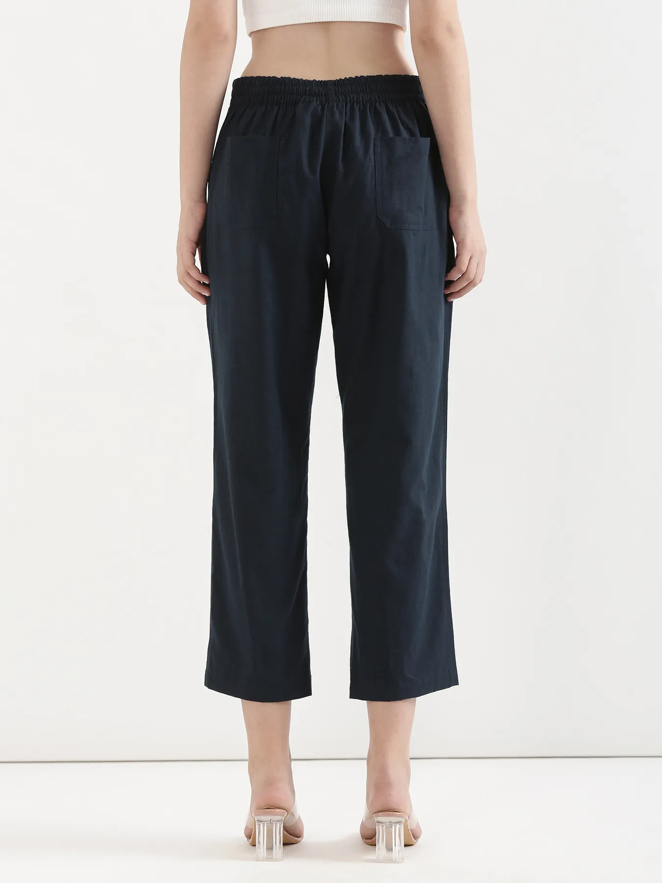 Women Navy Blue Airy Linen Straight Pants - Image 6
