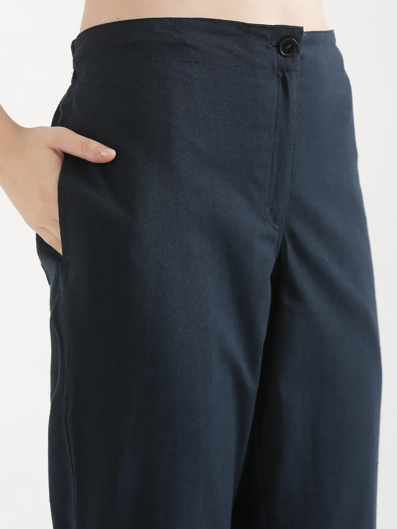 Women Navy Blue Airy Linen Straight Pants - Image 9