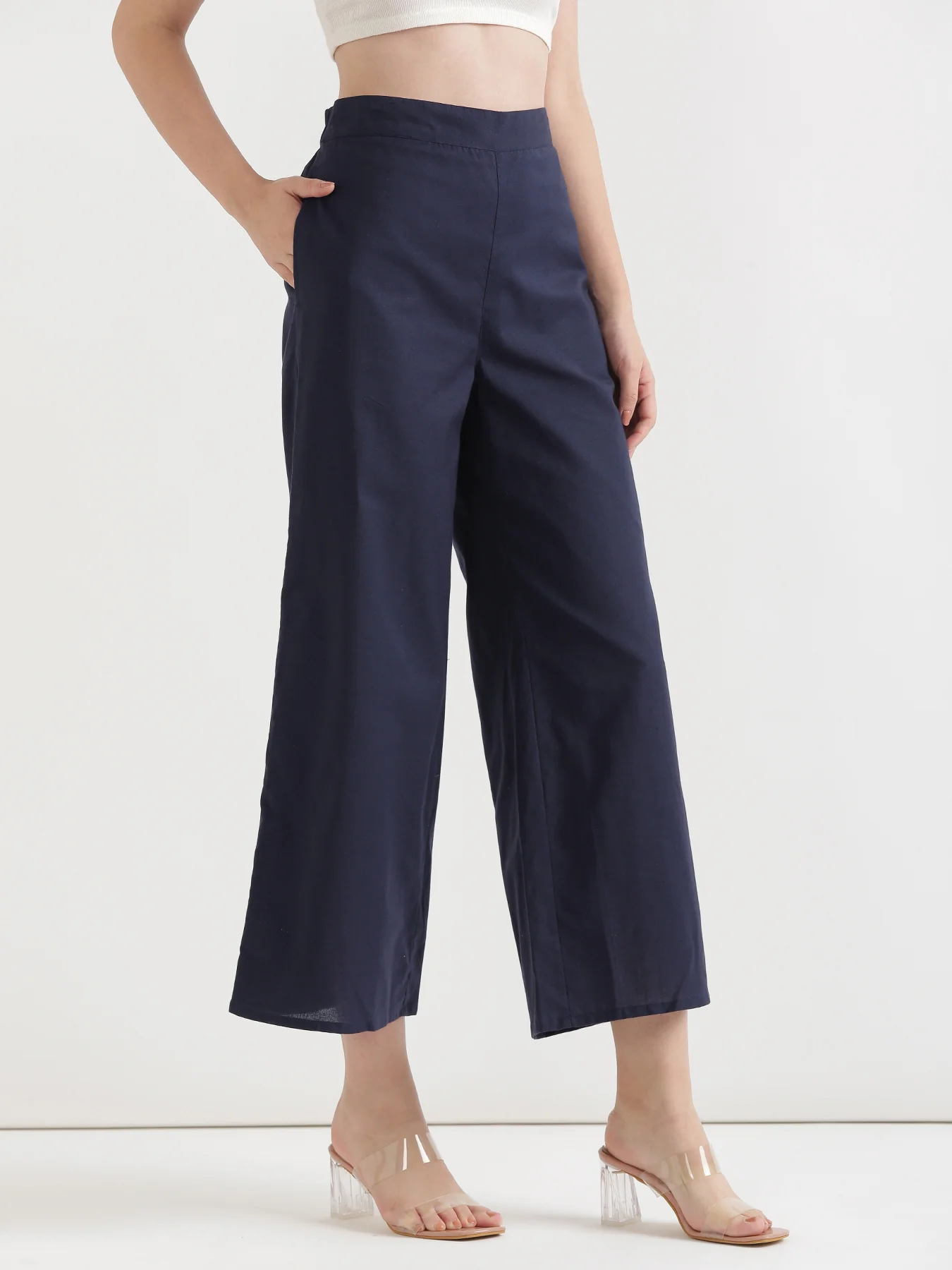 Women Navy Blue Airy Linen Wide Leg Pant - Image 5