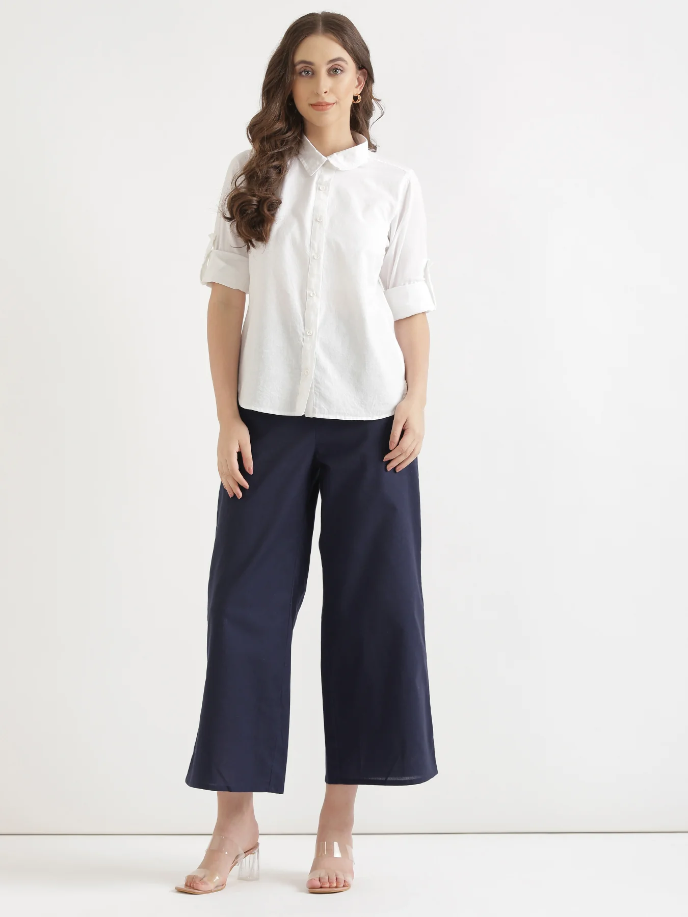 Women Navy Blue Airy Linen Wide Leg Pant - Image 6