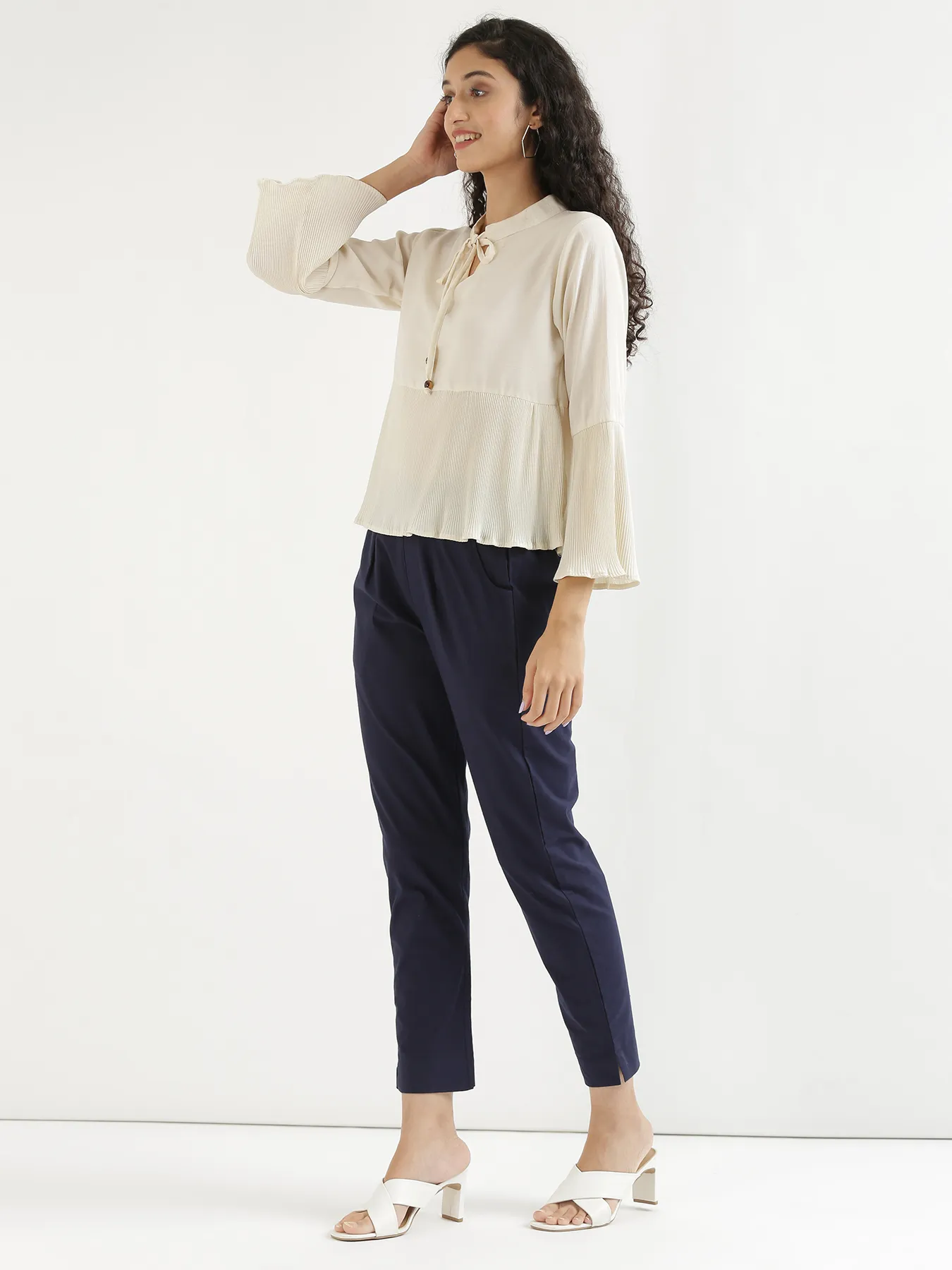 Women Navy Blue Cotton Pant - Image 3