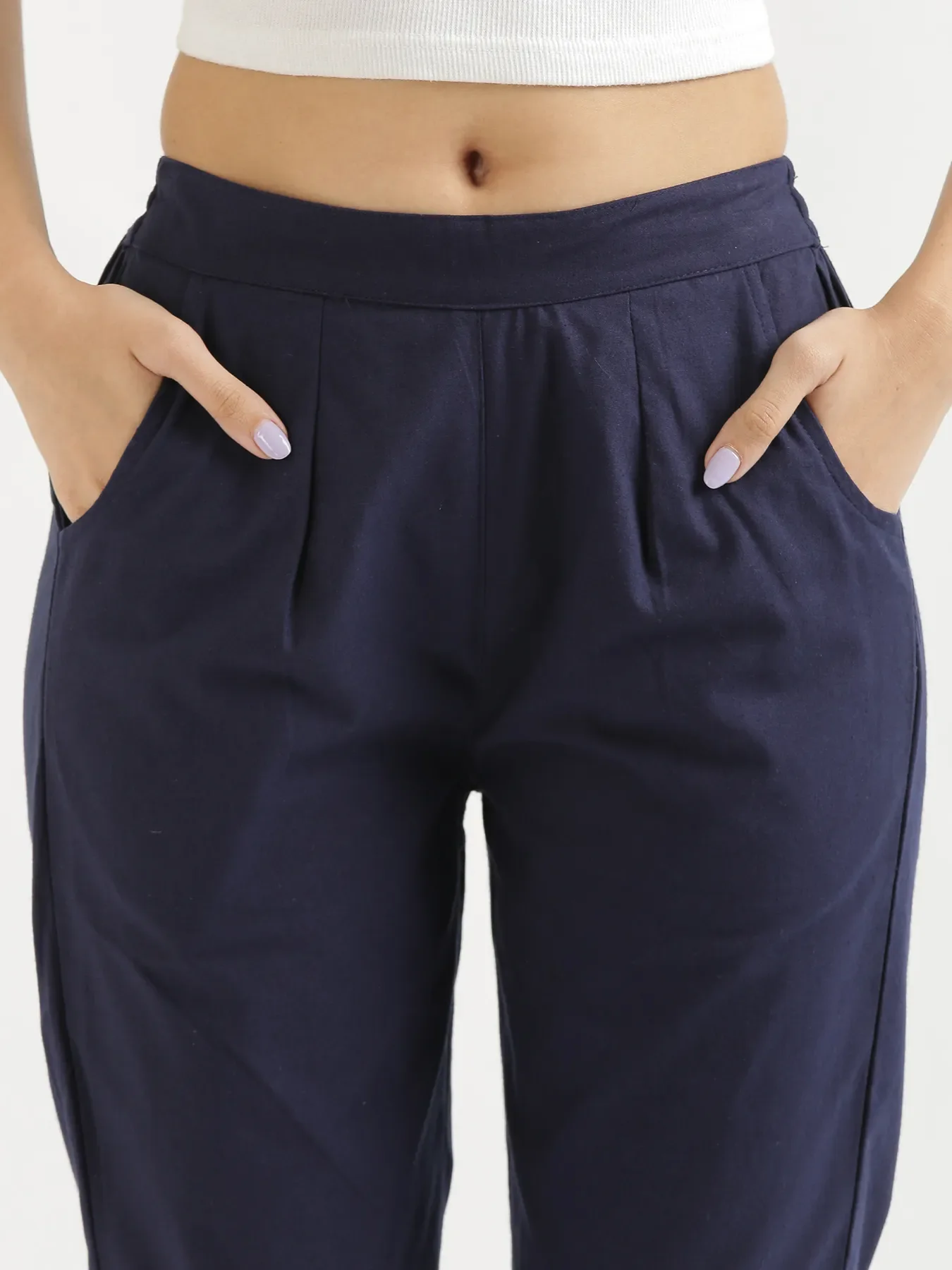 Women Navy Blue Cotton Pant - Image 4