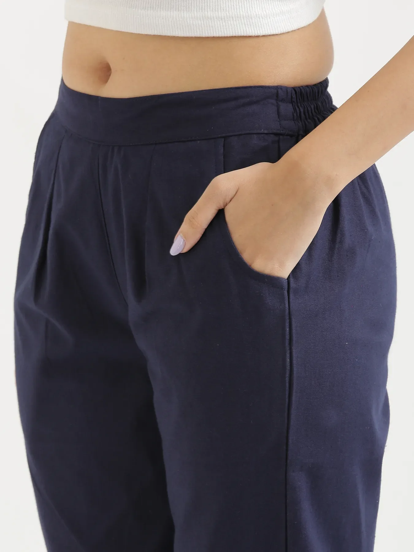 Women Navy Blue Cotton Pant - Image 5