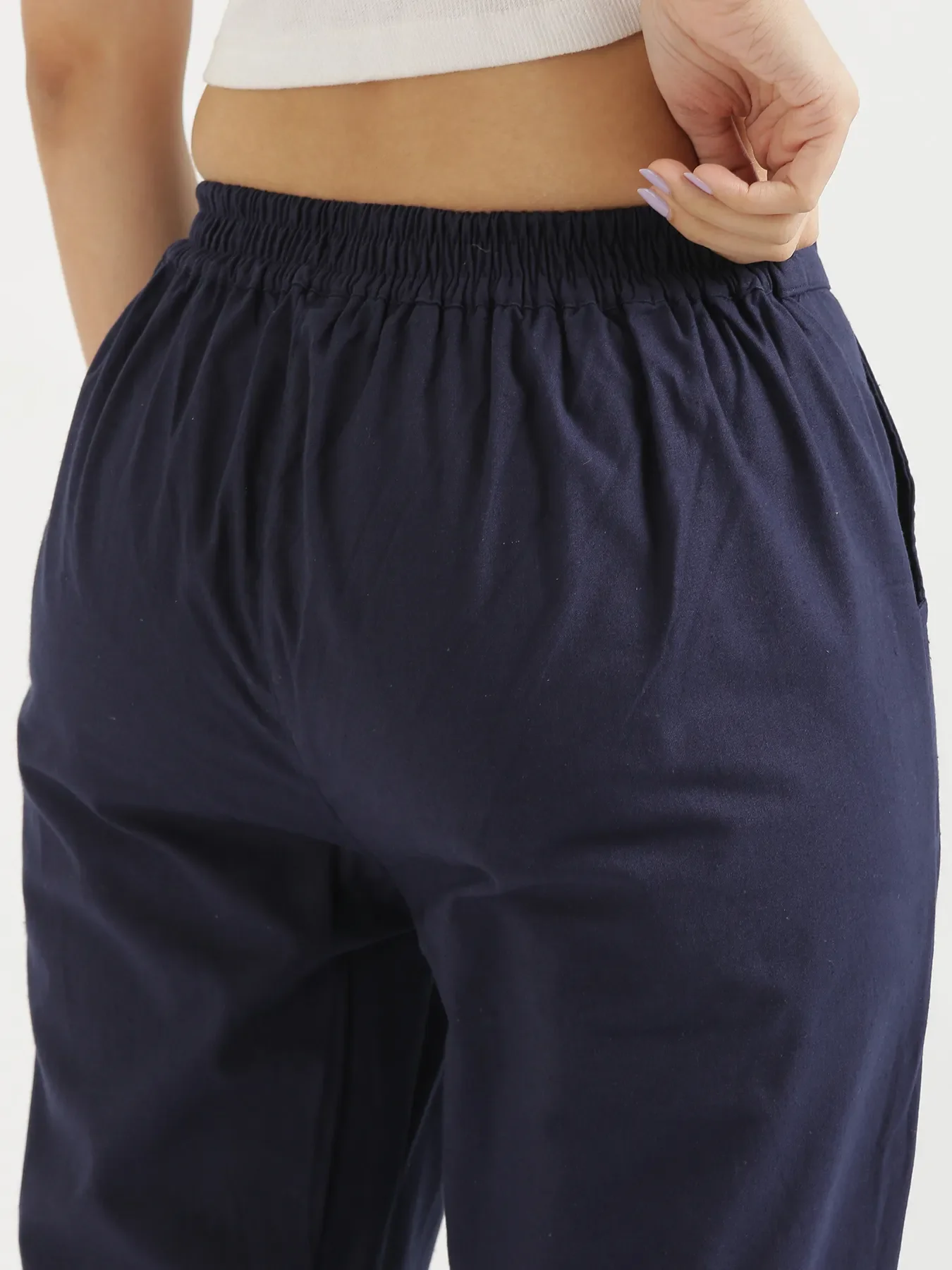 Women Navy Blue Cotton Pant - Image 6