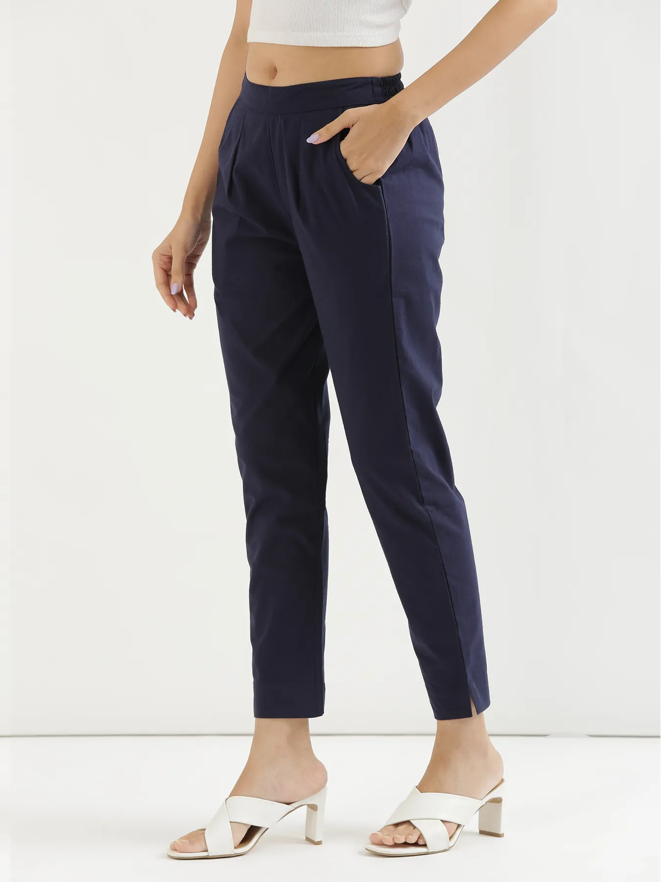Women Navy Blue Cotton Pant - Image 7
