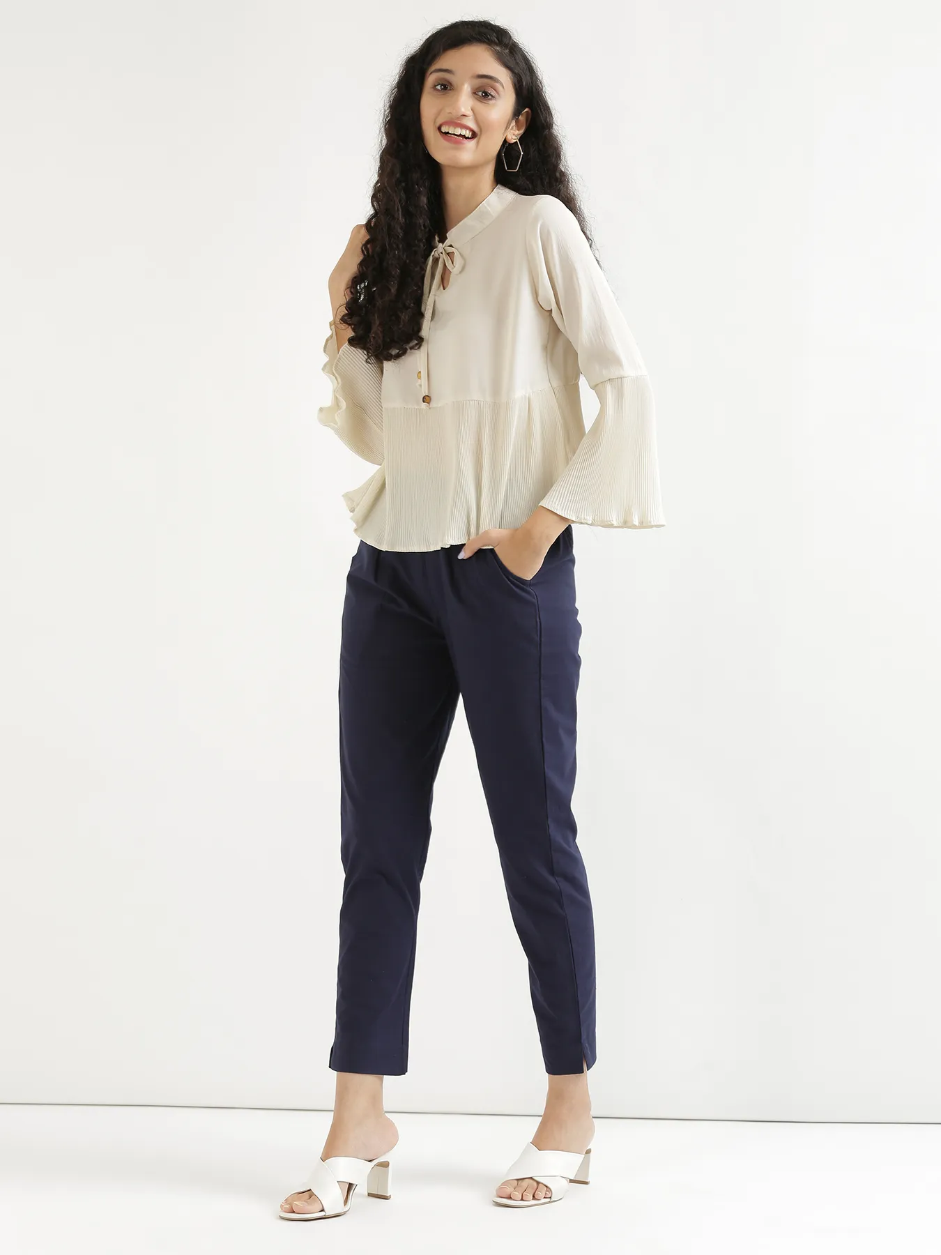 Women Navy Blue Cotton Pant - Image 9